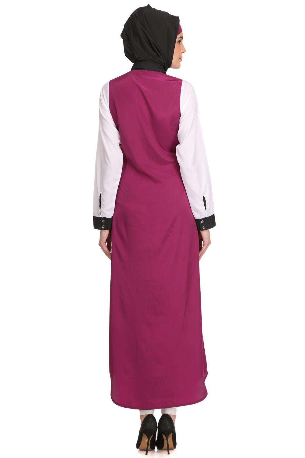 Elegant White & Wine Crepe Short Abaya Dress - Modest Muslim Fashion for Women | Perfect for Eid, Weddings & Special Occasions