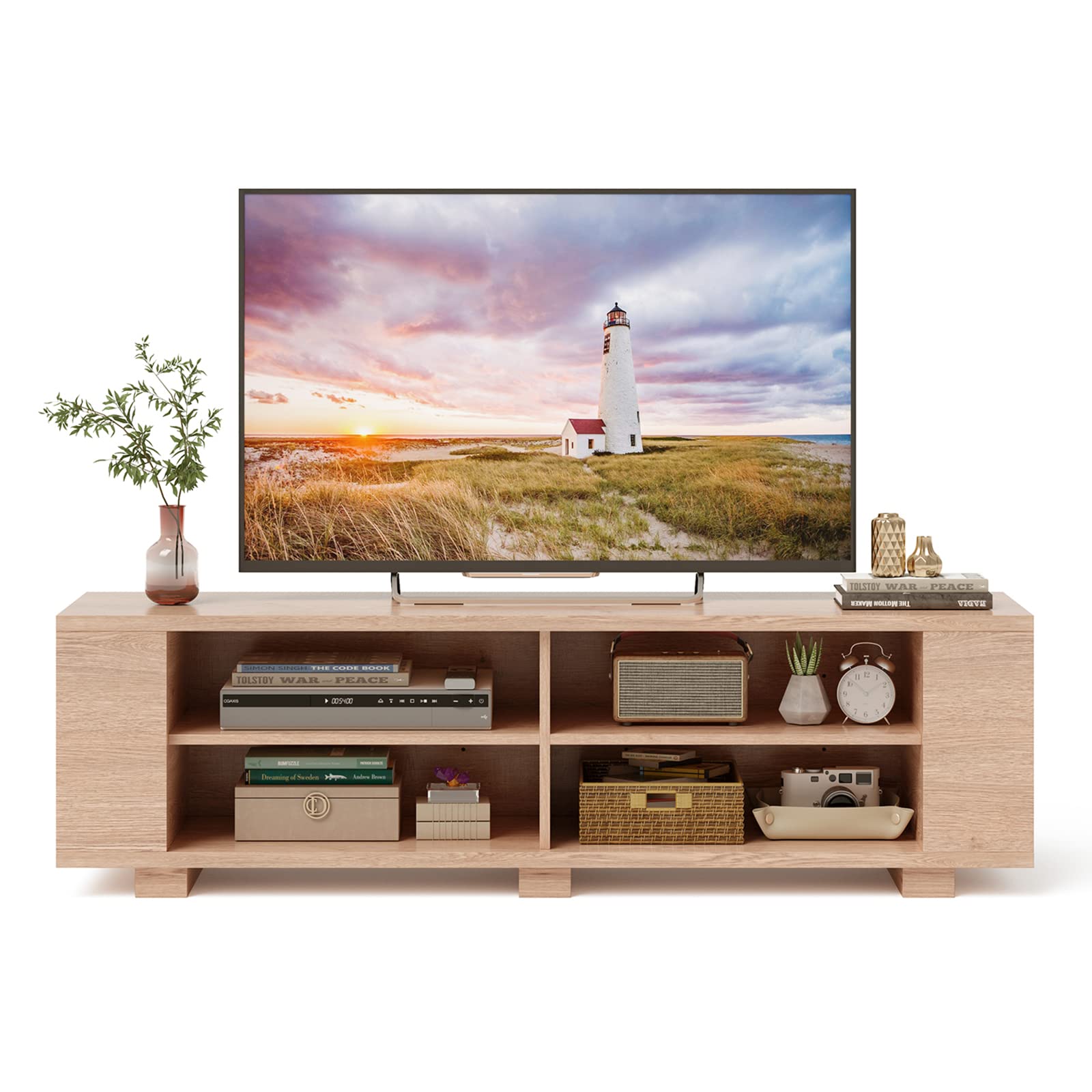 65 Inch Wooden TV Stand with 8 Open Shelves - Modern TV Console Table for Living Room & Bedroom, Entertainment Center with Storage Space | Perfect for Home Theater Setup & Media Organization (Natural-2)