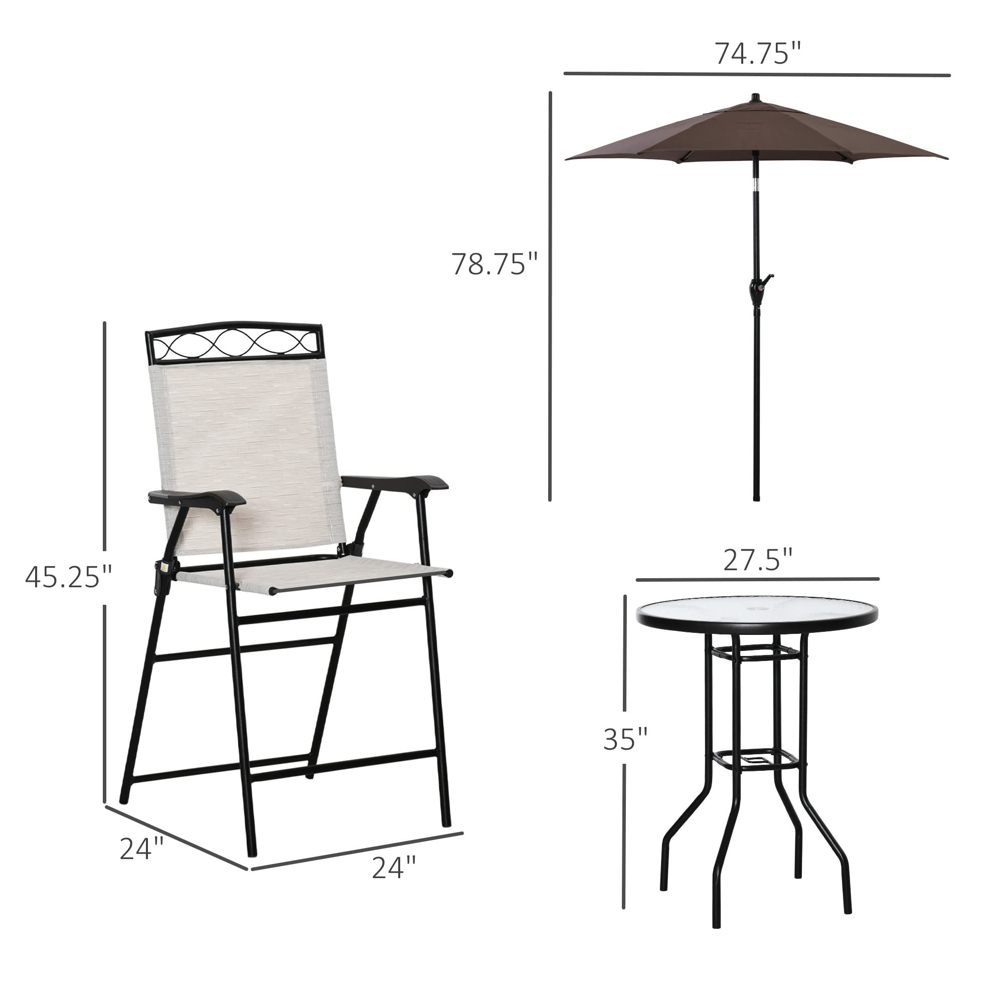 Outsunny 4-Piece Outdoor Patio Dining Set with 2 Folding Chairs, Adjustable Umbrella & Tempered Glass Table - Beige Wicker Furniture for Garden, Backyard, Poolside or Balcony