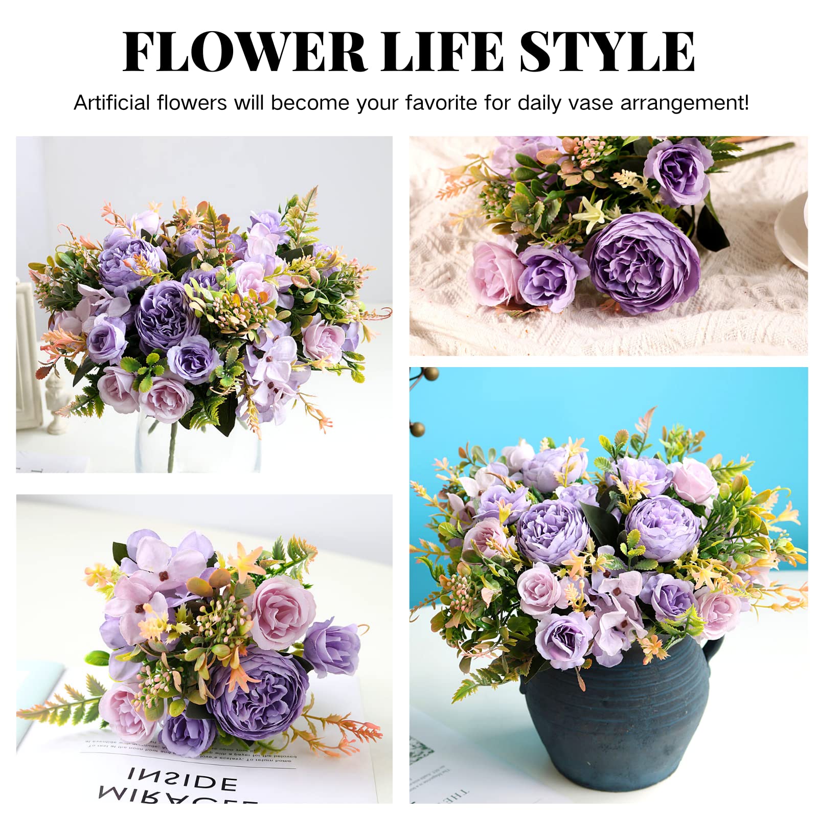 Artificial Peony Flowers - Small Silk Peony Bouquet for Wedding, Party, Cake & Home Decor - Realistic Purple Peonies for Centerpieces, Tablescapes & DIY Floral Arrangements