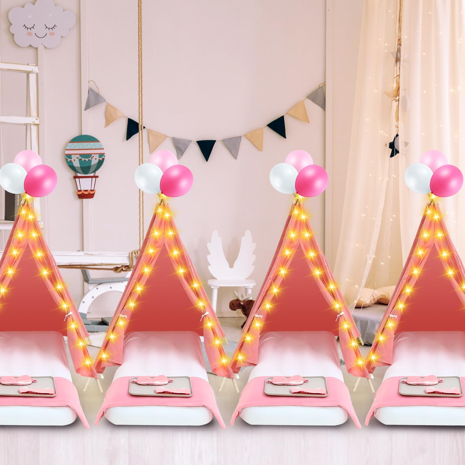 Windyun 6 Pack Kids Teepee Tent Set with LED Lights & Inflatable Air Mattress - 100% Natural Cotton Washable Play Tent for Boys & Girls - Perfect for Indoor Outdoor Playdates, Slumber Parties & Birthday Gifts (Pink)