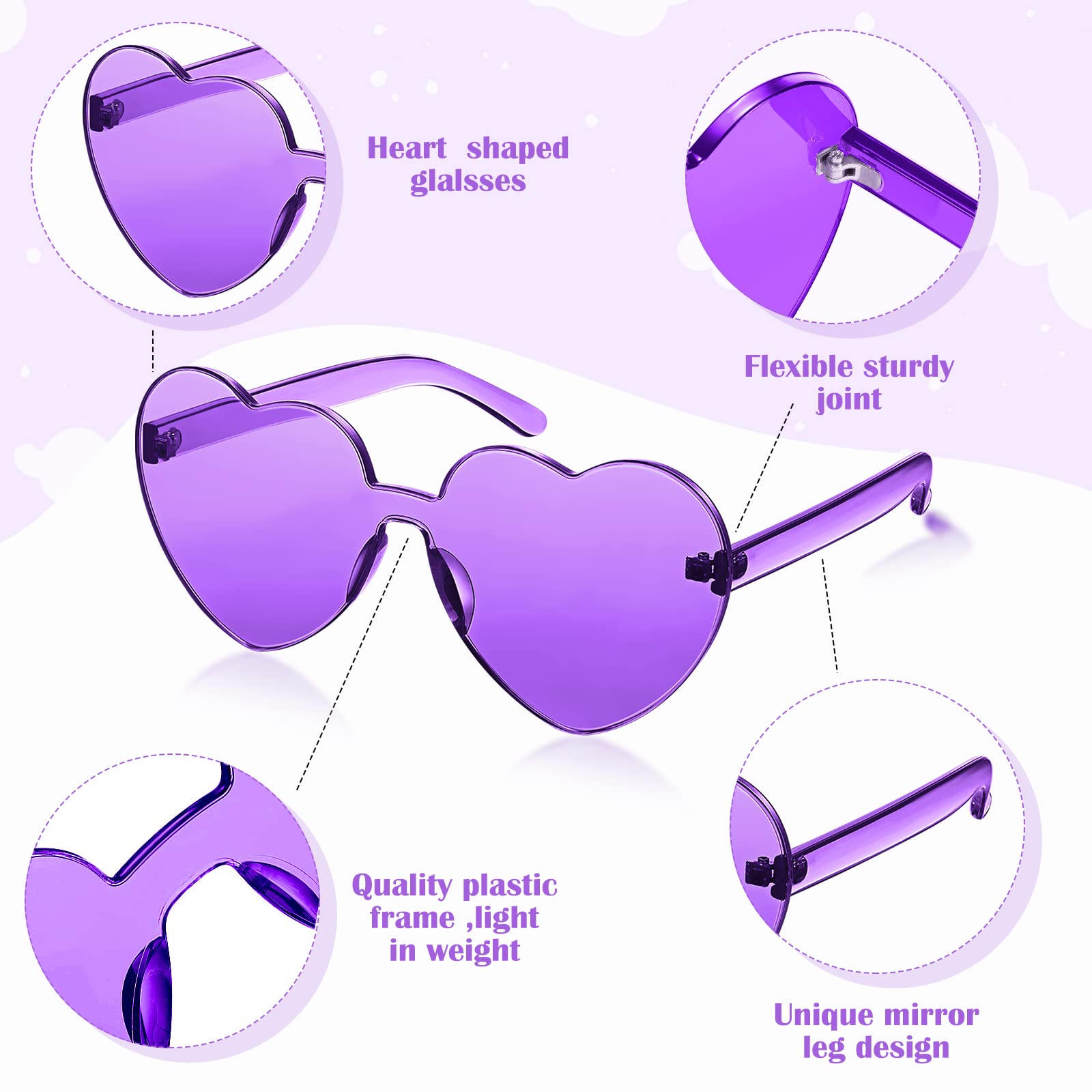 TOODOO 4 Pack Heart Shaped Sunglasses - Rimless Candy Color UV Protection Glasses for Women - Valentine's Day, Halloween, Party, Festival & Cosplay Accessories