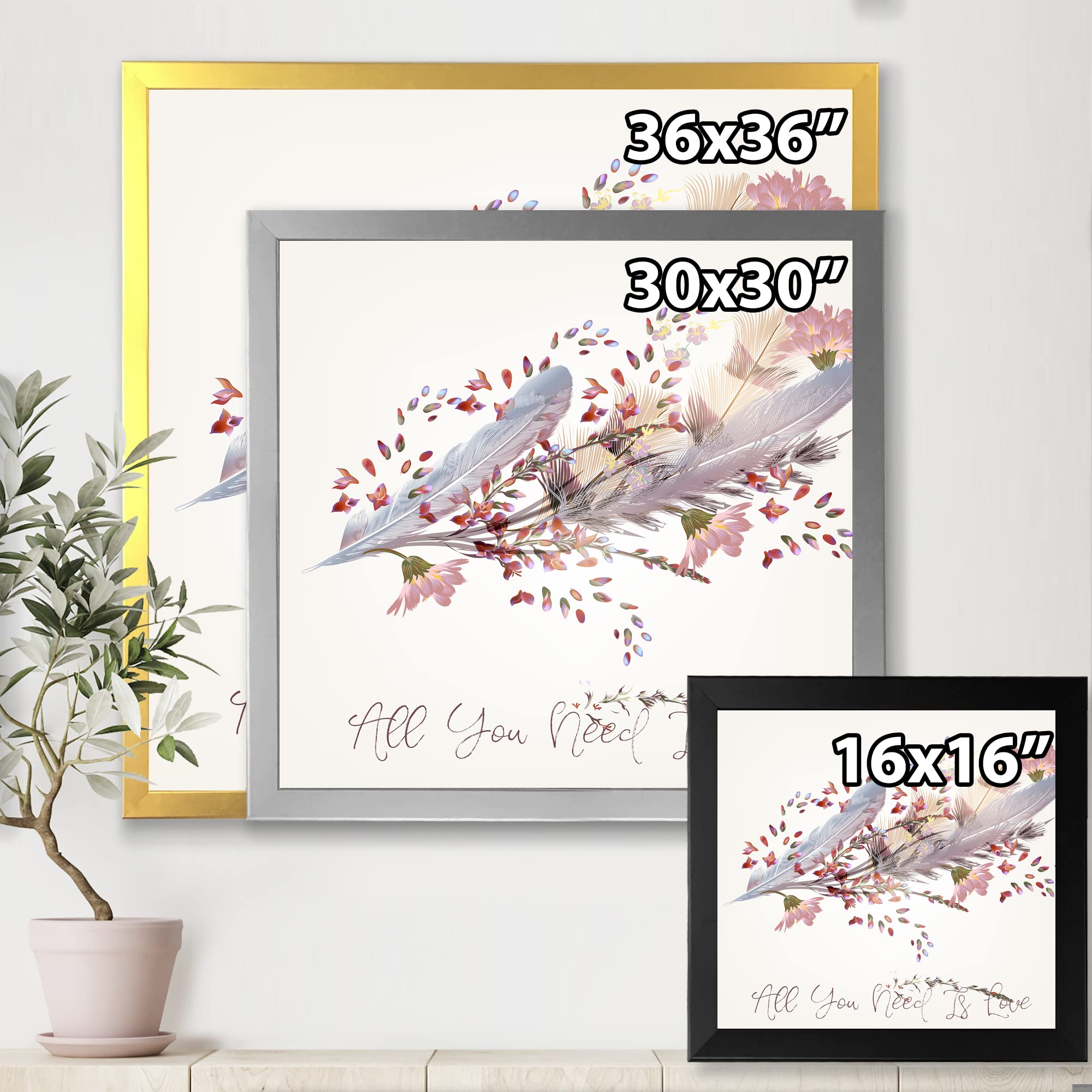 Handmade Bohemian Wall Art Decor - Pink Feathers & Birds 'All You Need Is Love' Canvas Painting for Living Room, Bedroom & Home | Perfect for Boho Style Interiors, Wedding Gifts, Nursery Decor & Housewarming Presents | Ideal for Bohemian Themed Spaces, Girls' Rooms & Cozy Reading Nooks