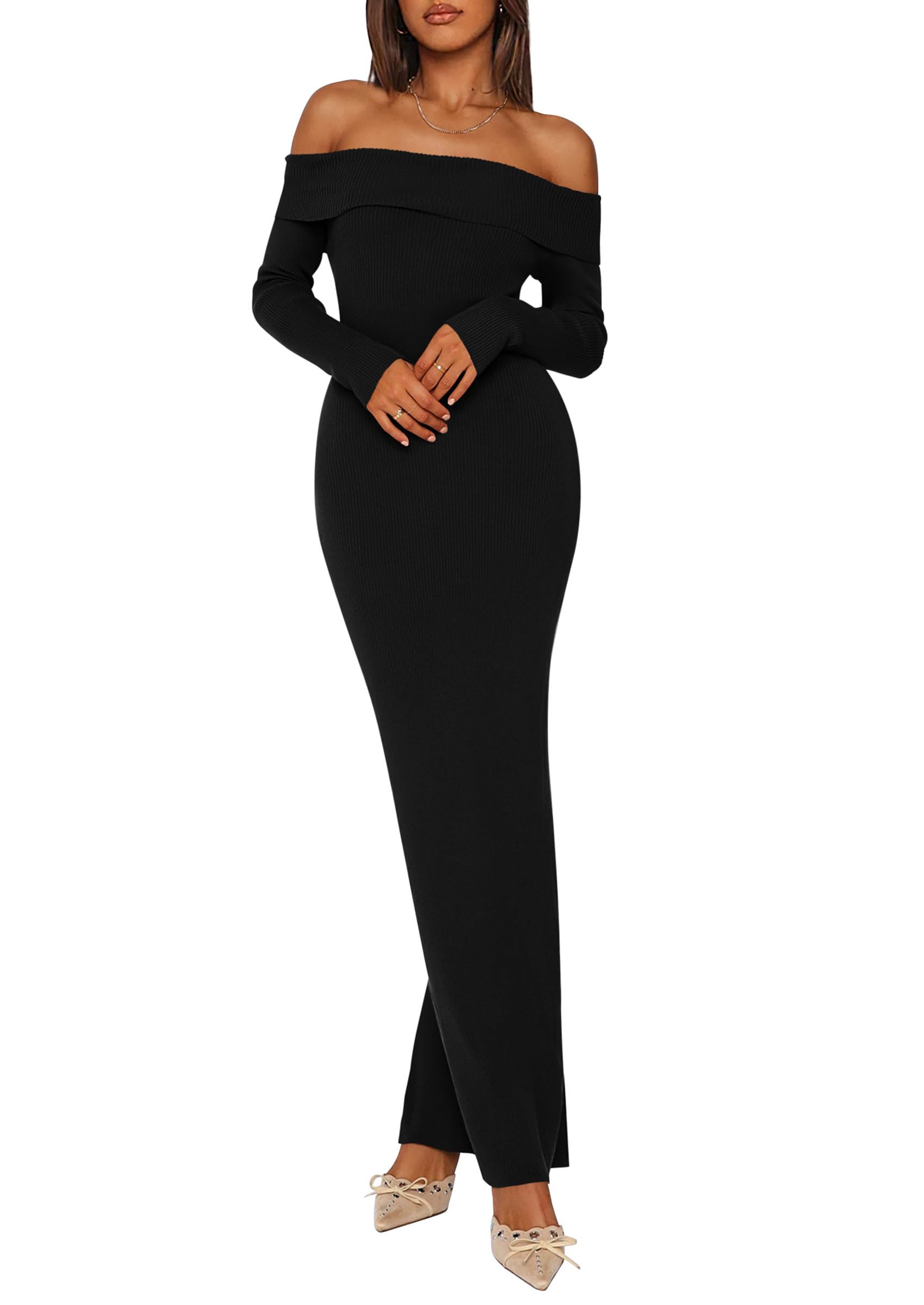 PRETTYGARDEN Women's Winter Sweater Dress Long Sleeve Off Shoulder Slit Maxi Bodycon Cocktail Party Dresses - Warm & Stylish Outfits for Holiday Gatherings, Date Nights & Christmas Parties
