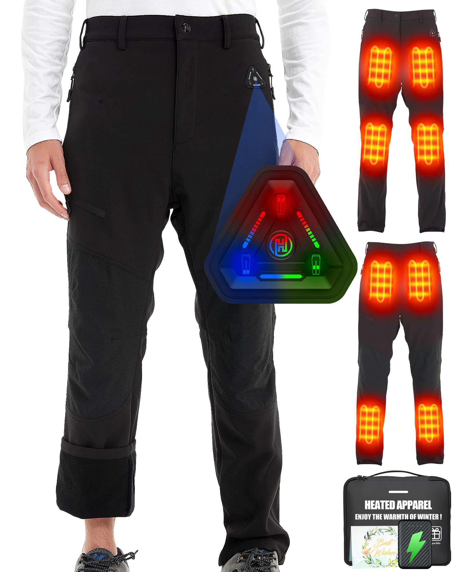 Men's Heated Pants with 7.4V 16000mAh Battery - 4-in-1 Smart Controller for Hunting, Skiing & Winter Outdoor Activities | Warm Thermal Pants for Cold Weather Hiking, Camping & Snow Sports