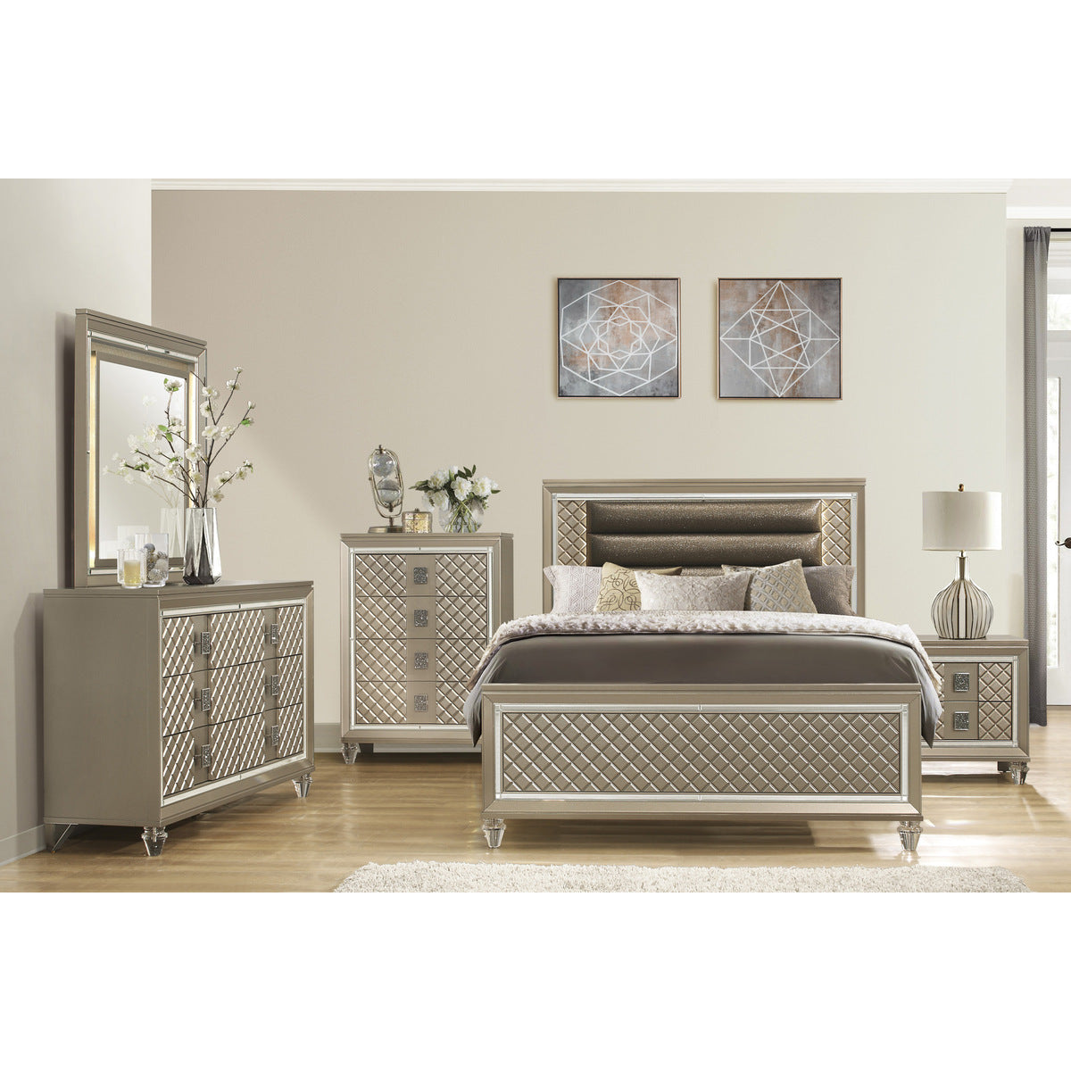 Elegant Champagne Metallic Nightstand with Embossed Drawer Fronts - Modern Bedside Table for Bedroom Decor, Perfect for Small Spaces & Apartment Living
