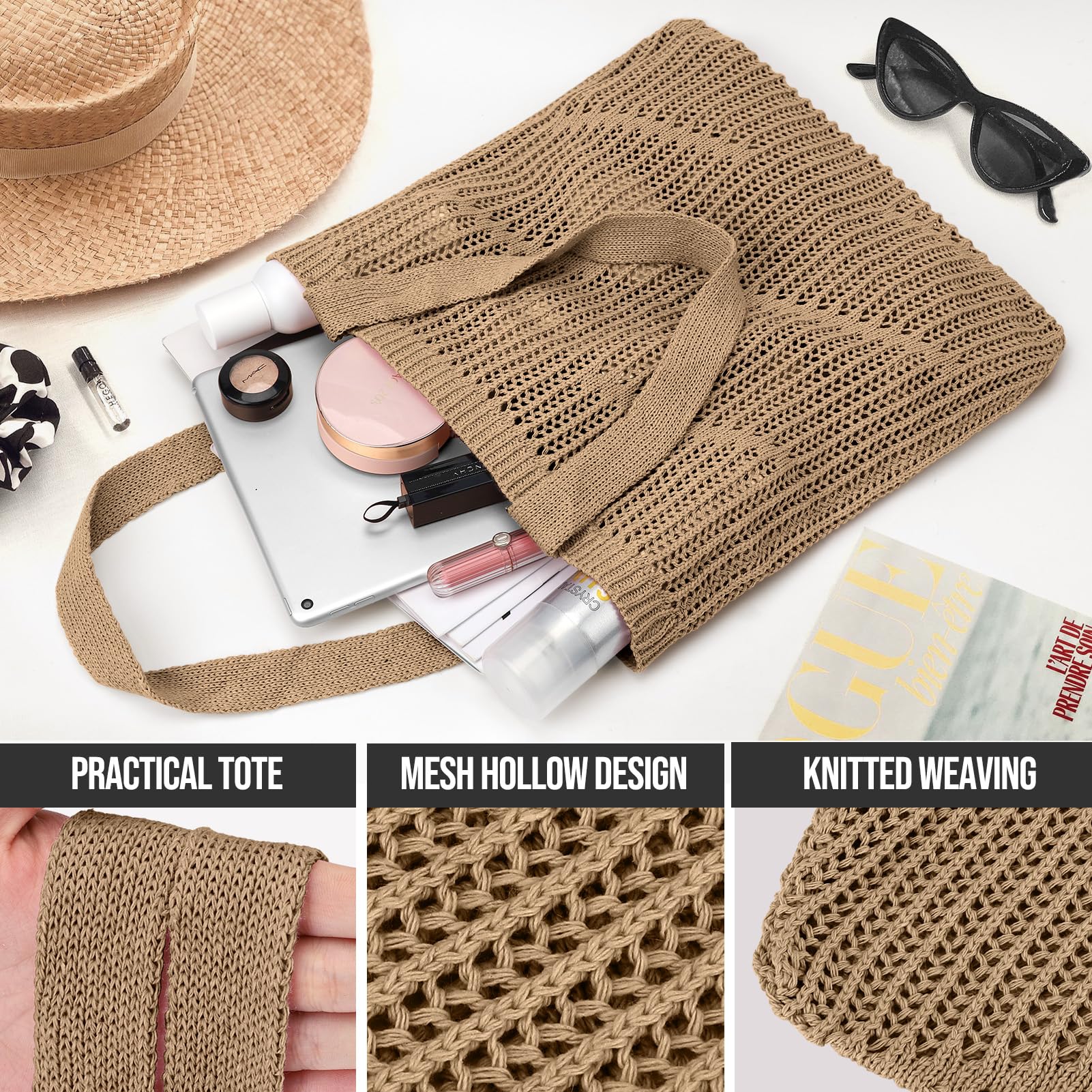 Crochet Tote Bag for Women - Large Beach Mesh Knitted Shoulder Bag, Aesthetic Hollow Hobo Handbag | Perfect for Summer Outings, Beach Trips, and Casual Shopping