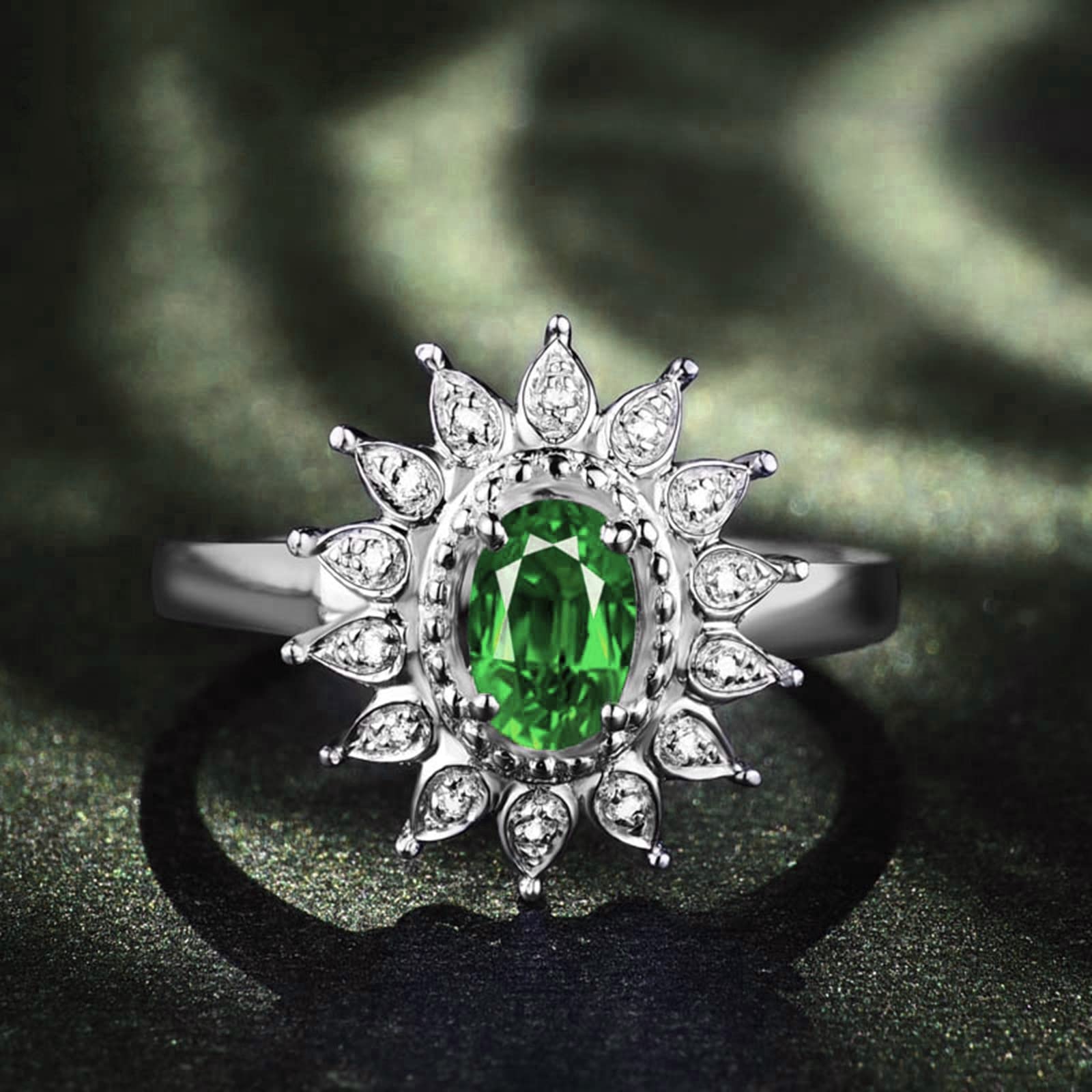 Gualiy Sterling Silver Ring Bands - Flower Design with Green & White Cubic Zirconia Wedding & Engagement Rings (Size 4-11) | Elegant Jewelry for Brides, Anniversaries & Special Occasions