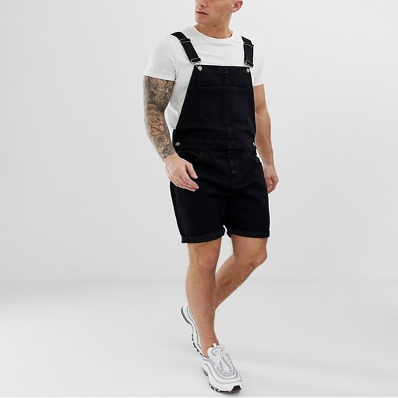 **TOSHIKII Men's Slim Fit Denim Bib Overalls Shorts - Casual Jeans Romper for Men - Perfect for Summer Outings, Streetwear & Workwear**