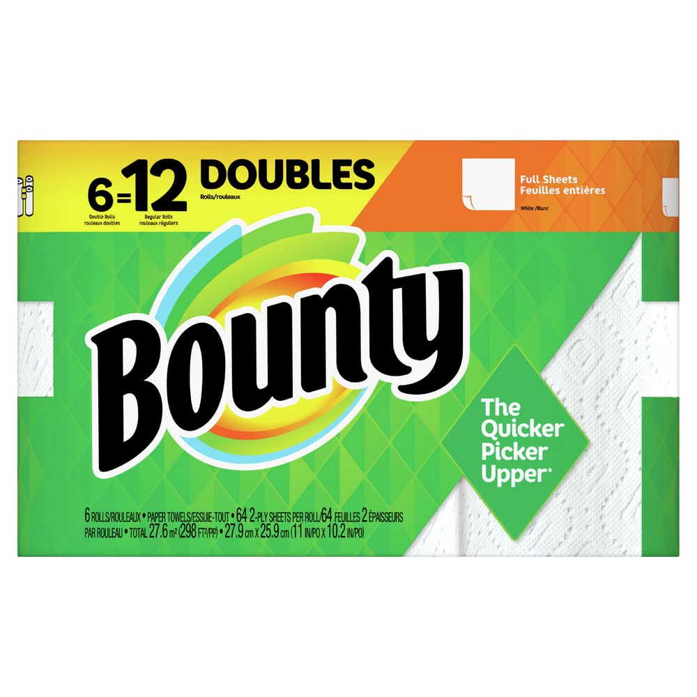 Bounty Full Sheet Paper Towels, White, 6 Double Rolls (12 Regular Rolls) - Ultra Absorbent & Strong for Kitchen, Cleaning & Household Use