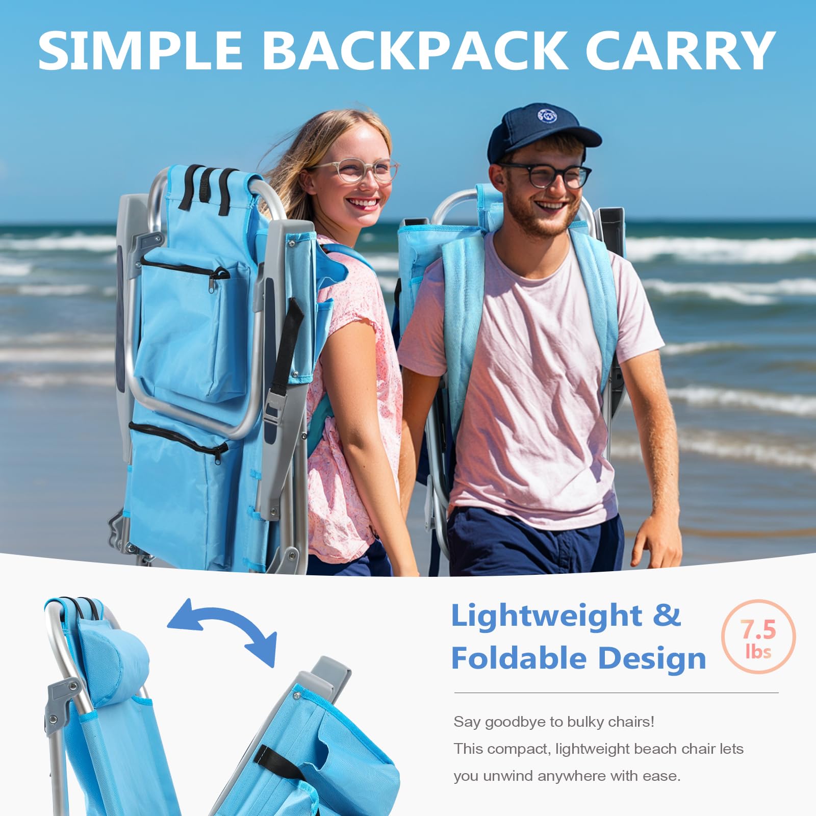 5-Position Adjustable Aluminum Beach Chair for Adults - Portable Backpack Design with Cooler Pouch, Storage Pocket, Towel Bar & Cup Holder - Perfect for Beach, Camping, Poolside & Outdoor Relaxation (Blue)