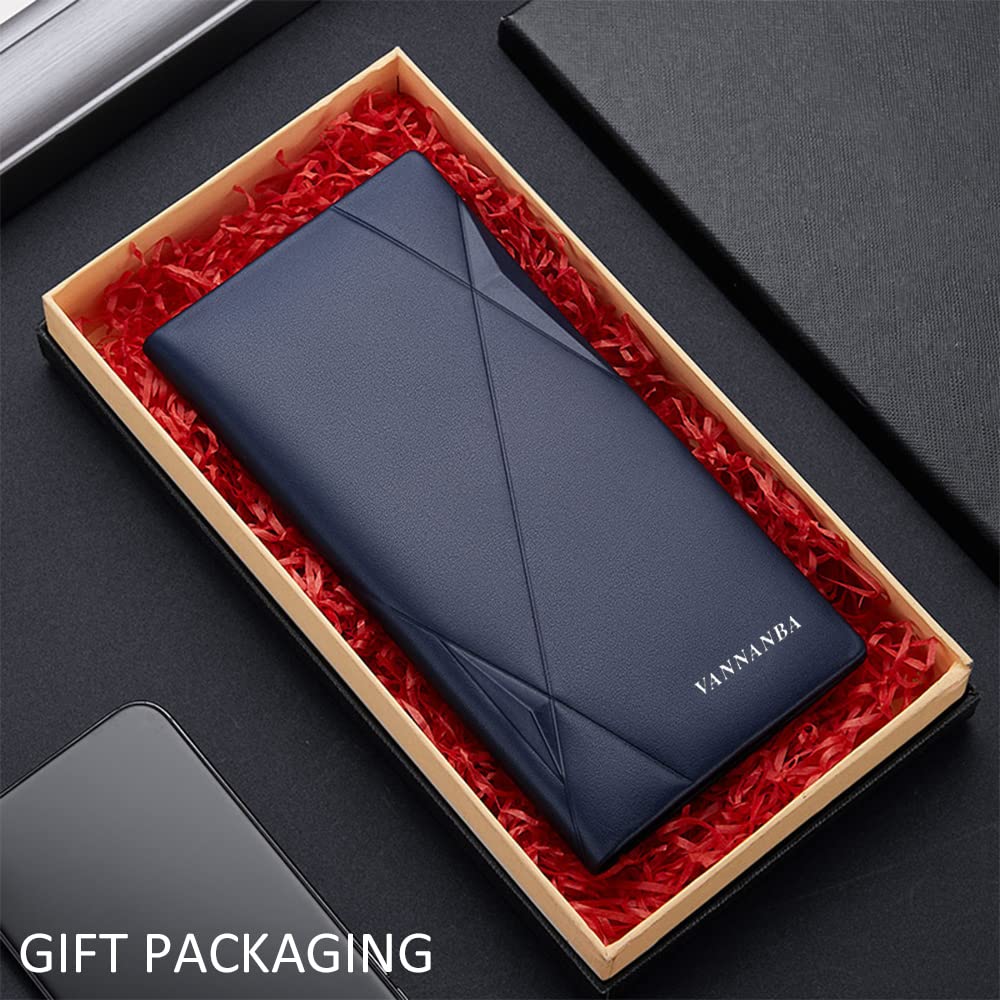 VANNANBA Slim RFID Blocking Leather Wallet for Men - Thin Bifold Credit Card Holder with ID Window & Gift Box (Navy) | Perfect for Everyday Carry, Travel & Business Use