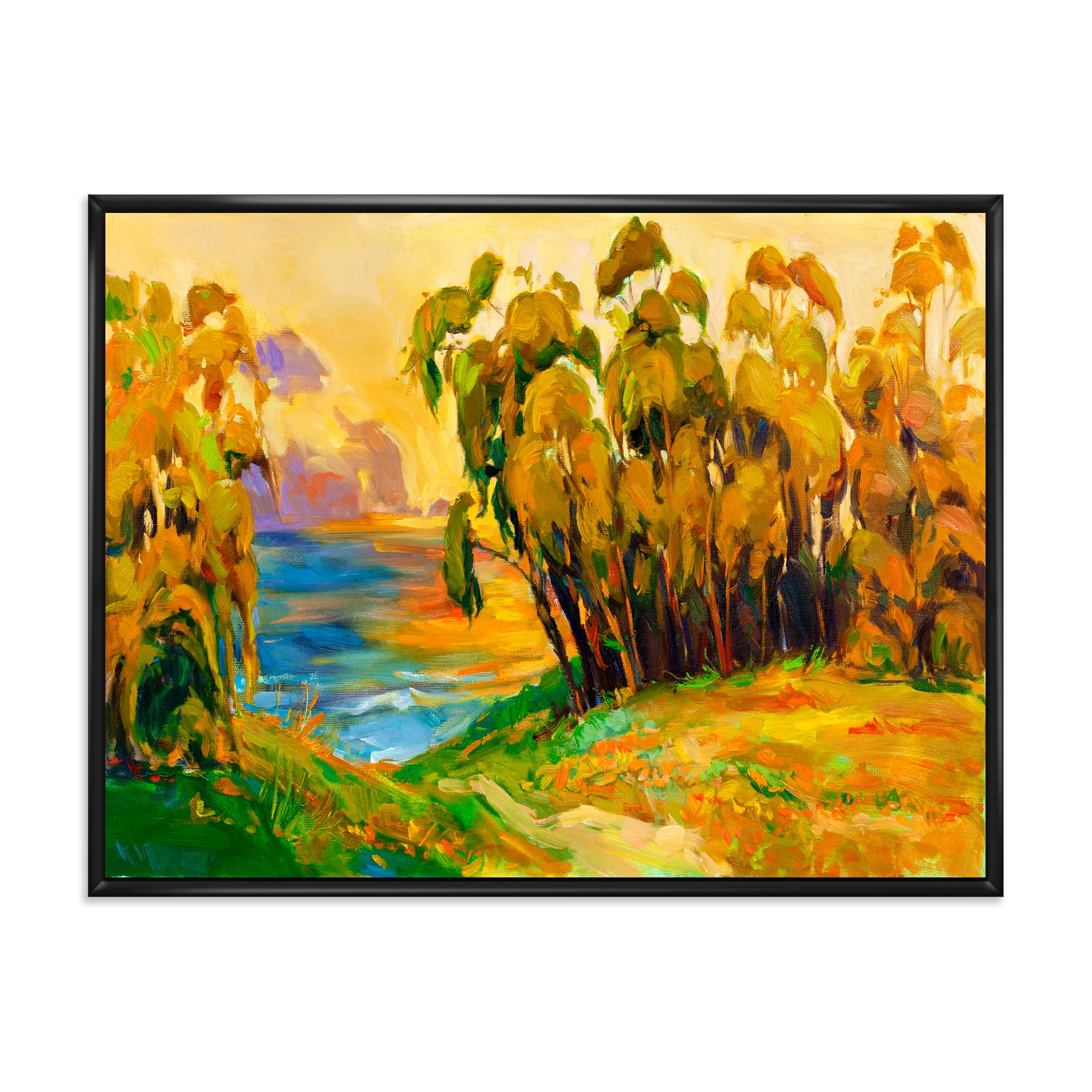 Traditional Framed Canvas Wall Art Print - Green Trees Riverside Evening Glow Landscape Painting - Perfect for Living Room, Bedroom & Office Decor