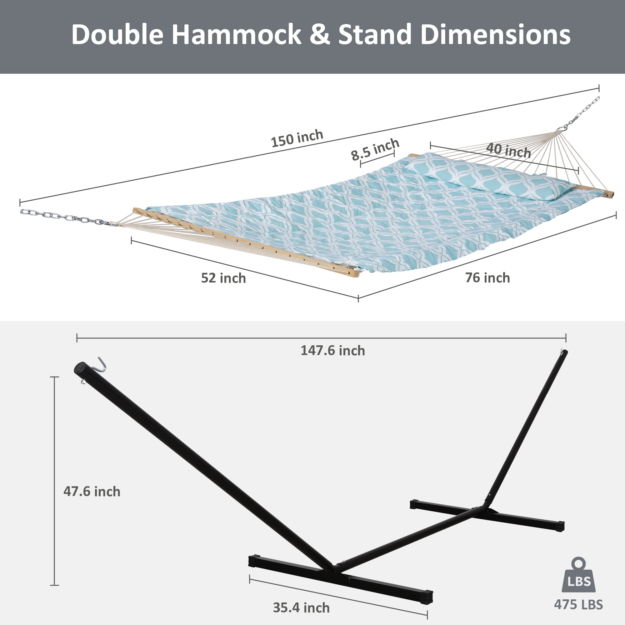 SUNCREAT Portable Double Hammock with Stand - Outdoor Patio Hammock in Green Pattern for Backyard, Garden & Beach Relaxation