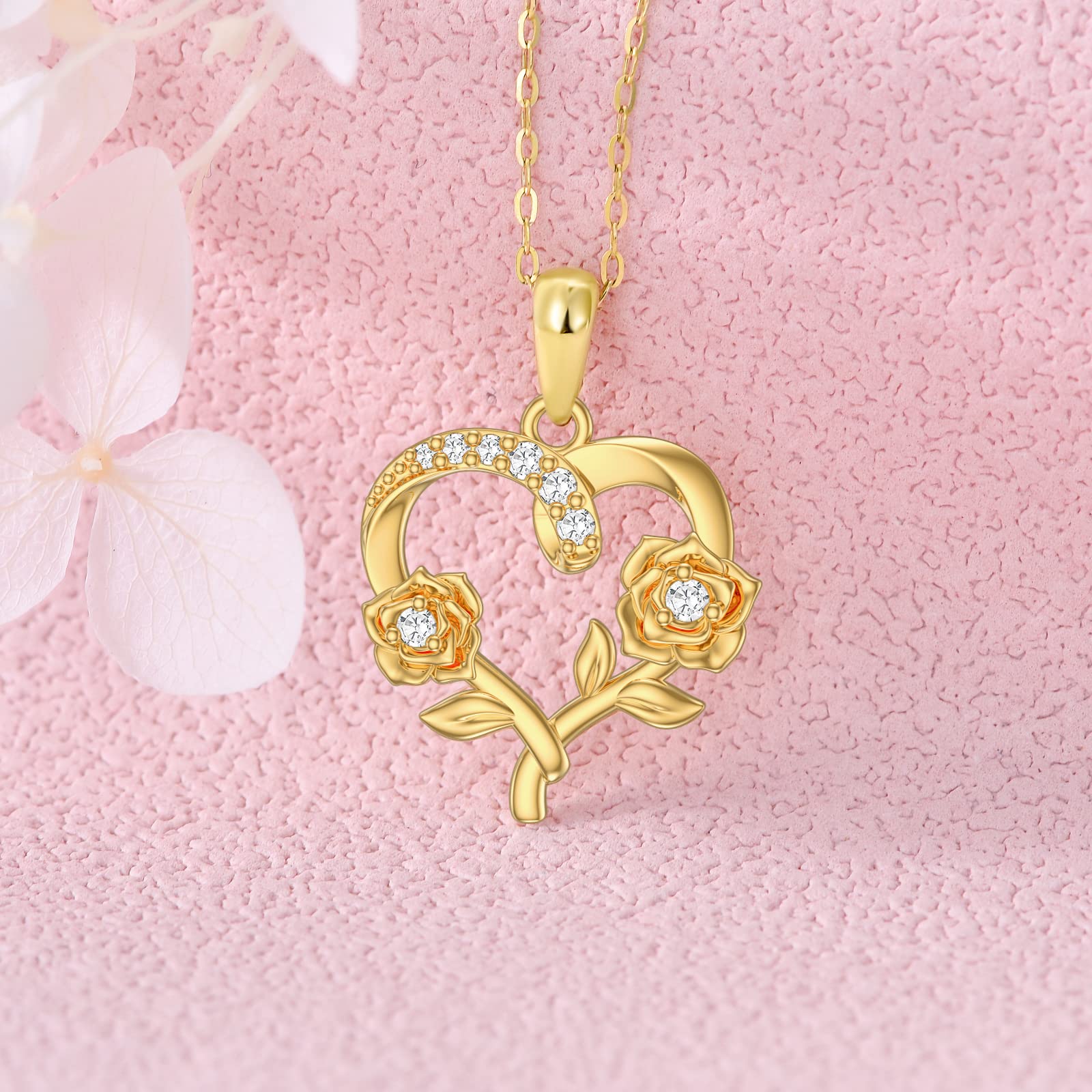 YDD 9ct Gold Heart Necklace for Women - Rose Flower Pendant Necklace in Real Gold | Perfect Christmas, Mother's Day & Valentine's Day Gift for Her | 16+1+1 Inch Chain | Elegant Jewelry for Date Nights, Anniversaries & Special Occasions