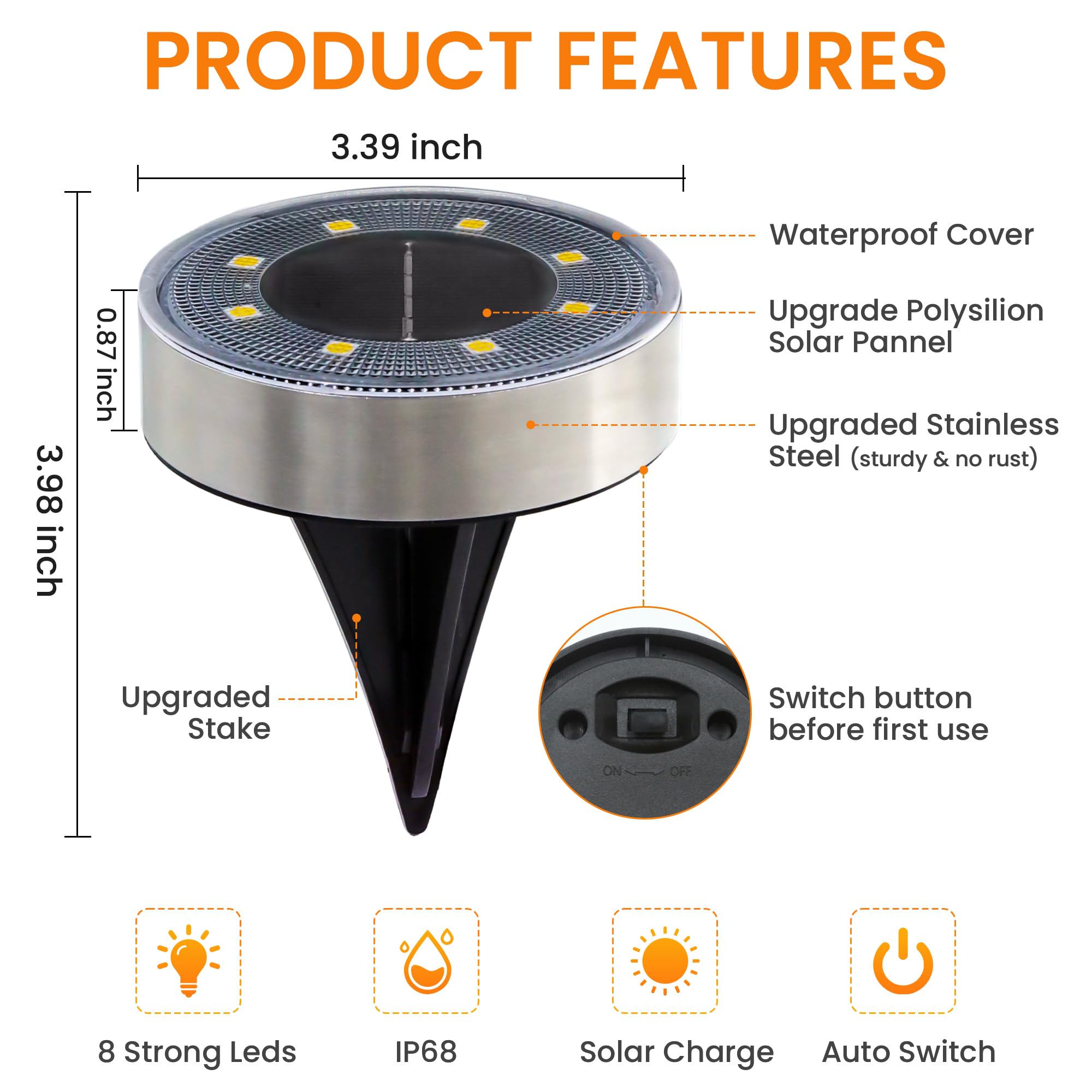 8 Pack Solar Ground Lights - IP68 Waterproof Outdoor Solar Disk Lights with 8 LEDs for Garden, Patio, Pathway, Lawn, Yard, Driveway & Walkway | Landscape Lighting Decor (White) | Perfect for Nighttime Safety & Ambience