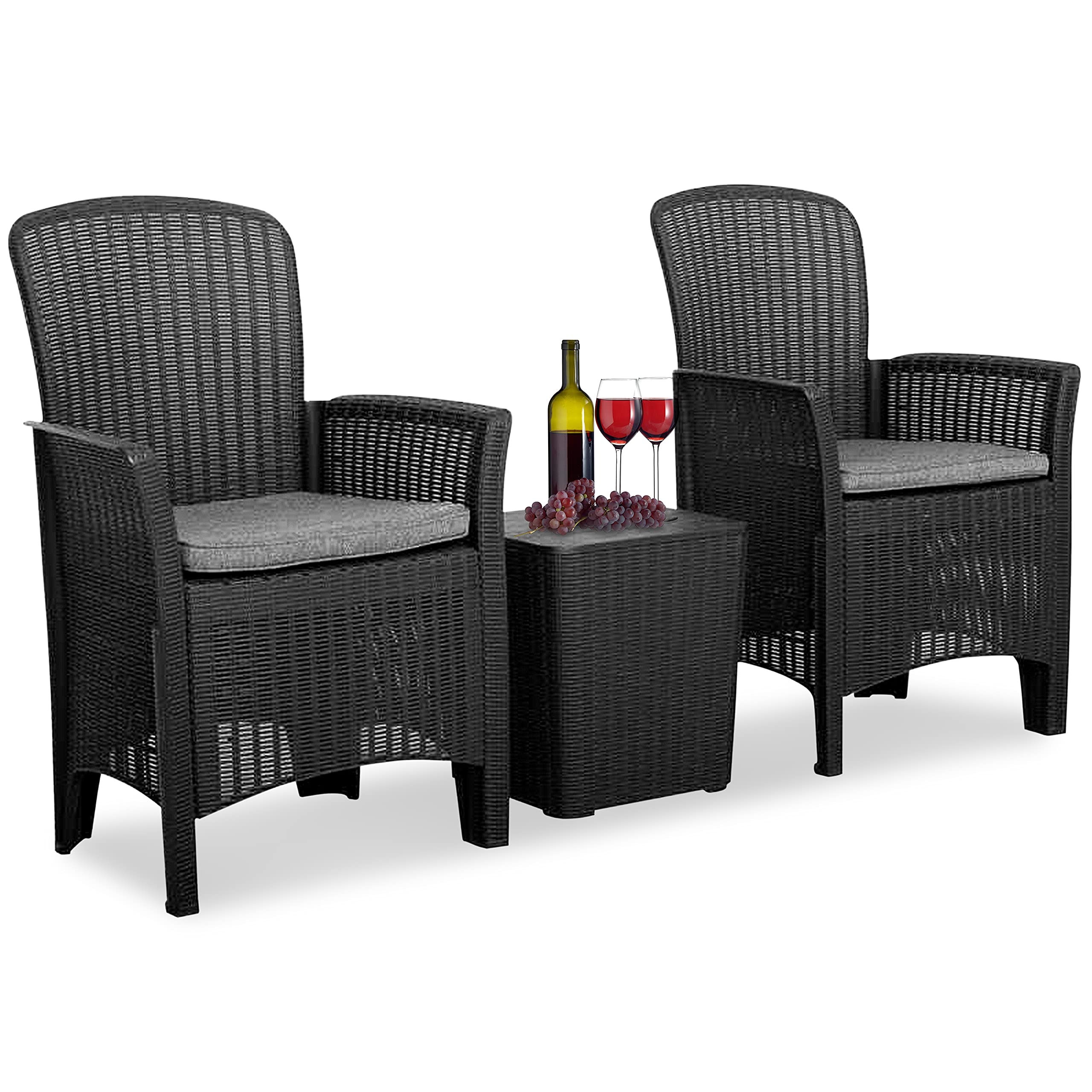 SereneLife 3-Piece Outdoor Patio Furniture Set - Black Rattan Wicker Chairs with Coffee Table, Bistro Conversation Set for Garden, Porch, Backyard & Poolside Relaxation