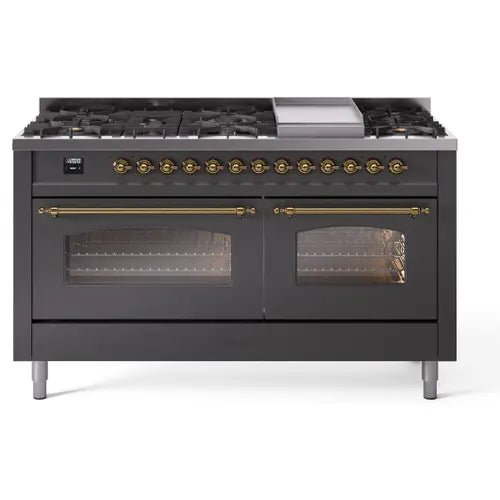 ILVE Nostalgie II 60 Inch Dual Fuel Natural Gas Range - Matte Graphite with Brass Trim (UP60FNMPMGG) | Professional Kitchen Appliance for Home Chefs & Culinary Enthusiasts