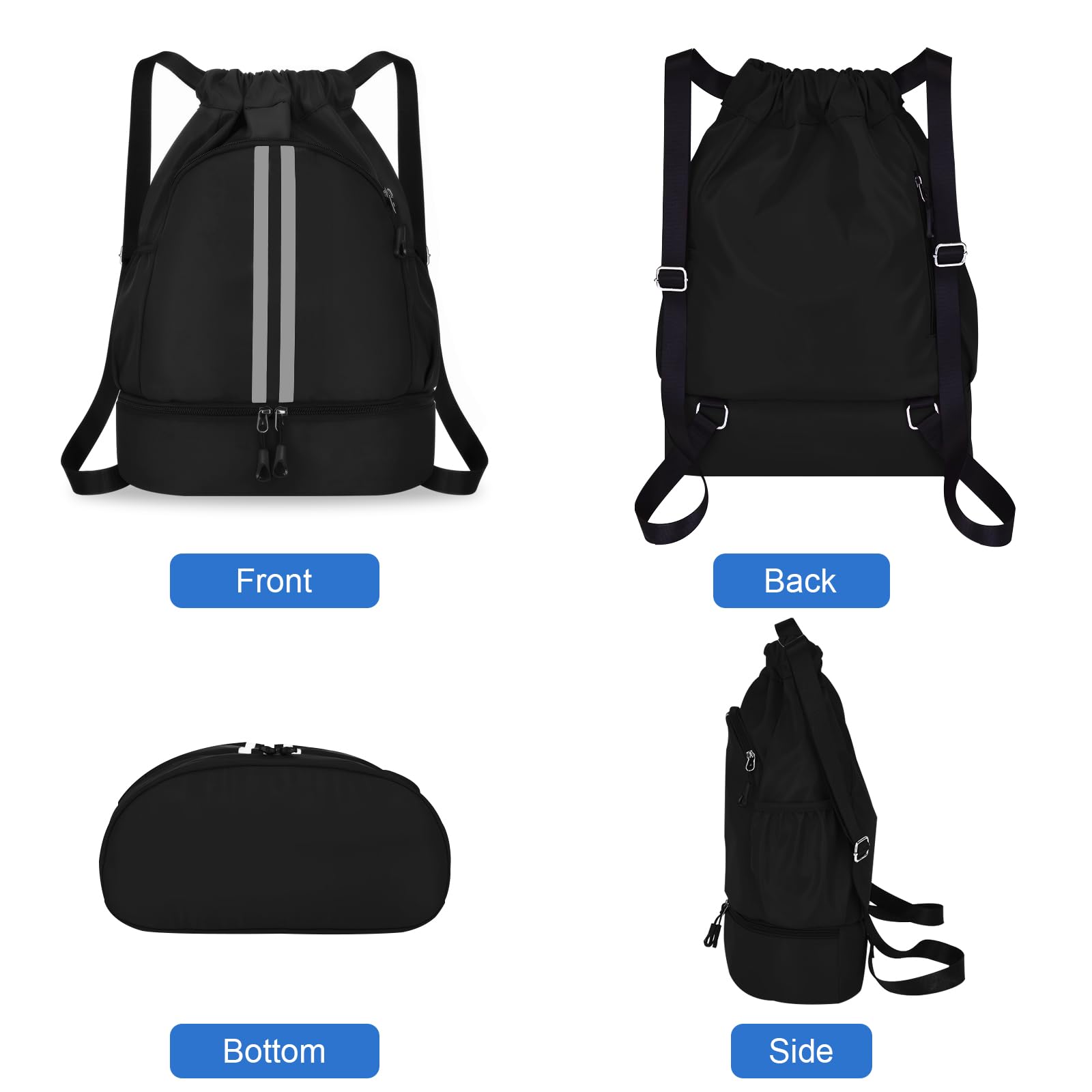 MEYDLL Gym Backpack - Large Capacity Waterproof Drawstring Bag with Reflective Stripes & Side Pockets for Men & Women - Perfect for Workout, Travel & Outdoor Sports
