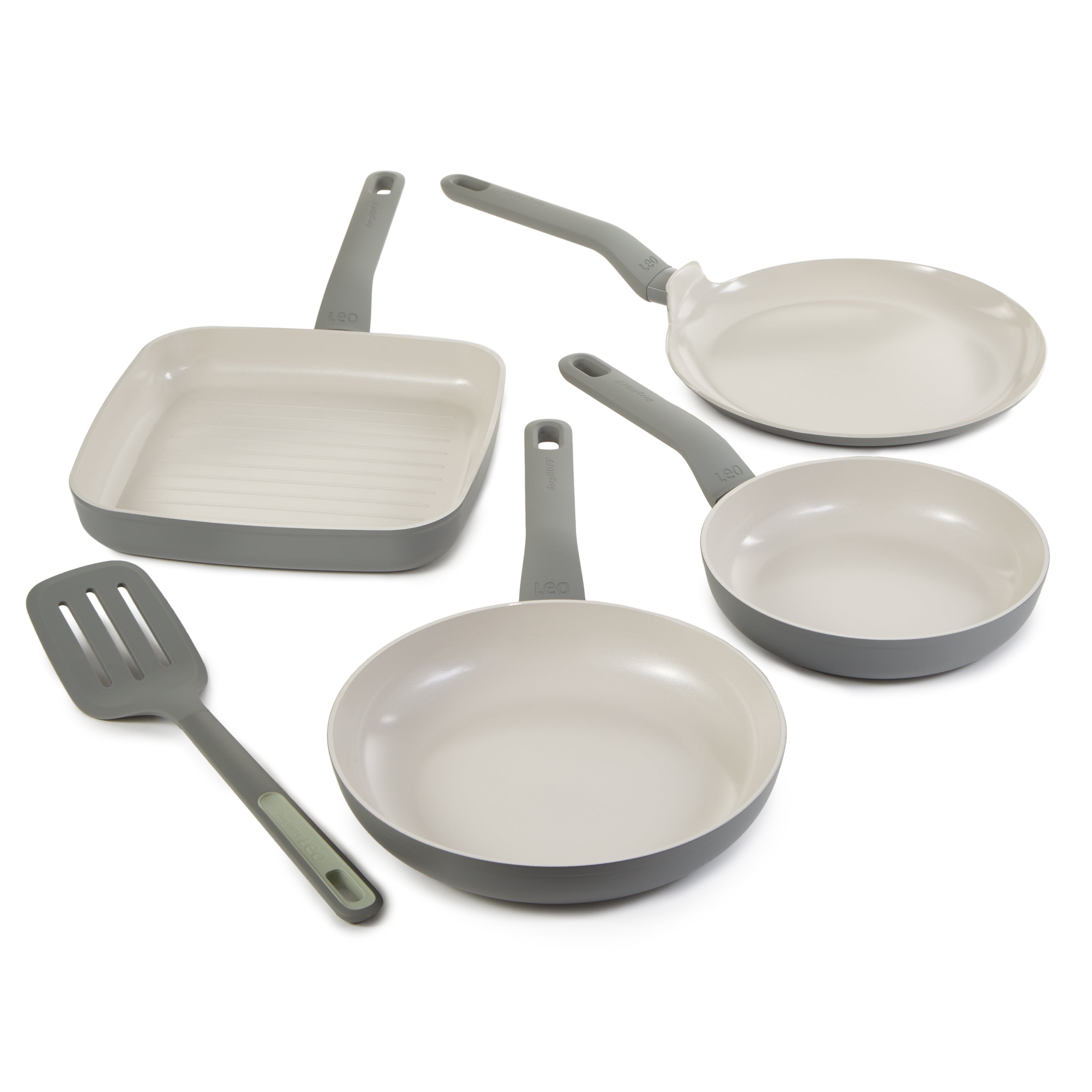 BergHOFF Leo Balance 5-Piece Nonstick Ceramic Frying Pan Set with Turner Spatula - Healthy Cooking for Eggs, Pancakes & Stir Fry | Dishwasher Safe & Oven Safe up to 400°F