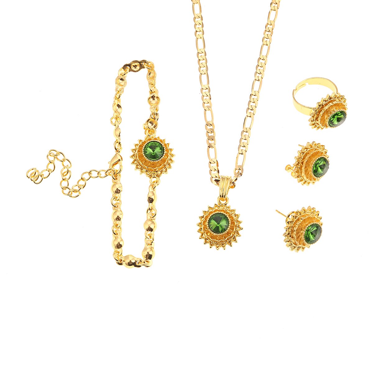 Ethiopian Gold Jewelry Set - Handmade African Habesha Jewelry with Stone Earrings, Pendant & Ring | Perfect for Weddings, Parties & Cultural Events