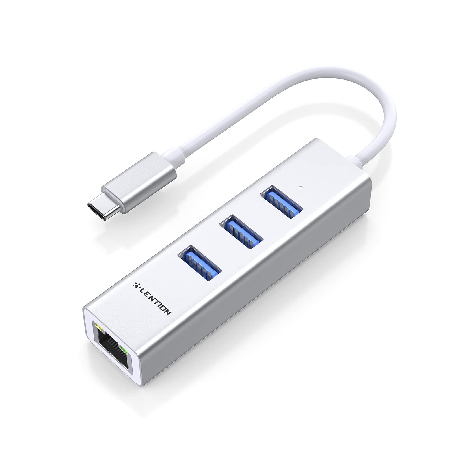 LENTION USB C Hub with Ethernet Adapter - 3 USB 3.0 Ports & RJ45 Network Connector - Compatible with MacBook Pro 2023-2016, MacBook Air, iPad Pro, Chromebook - Stable Driver Certified (CB-C23s, Silver) - Perfect for Home Office, Remote Work & Online Gaming