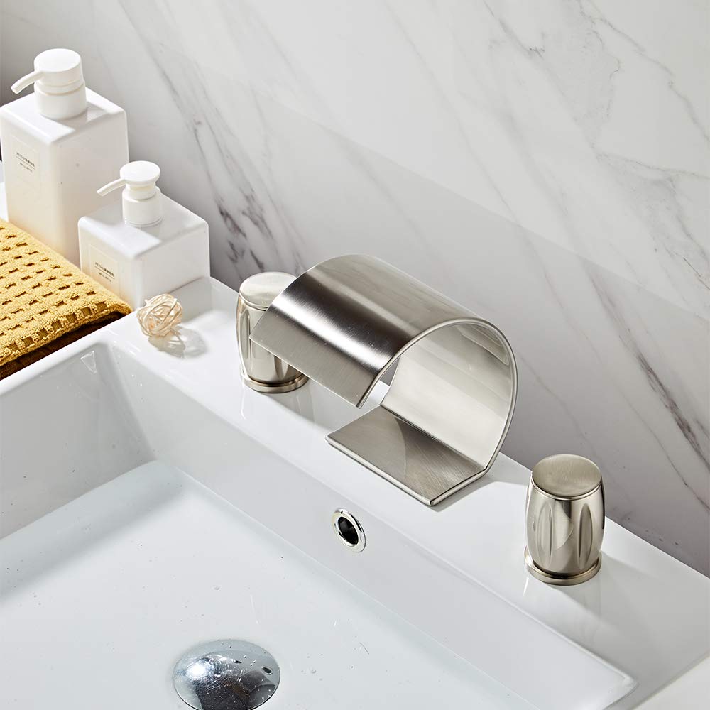 Wovier Brushed Nickel 8-16 Inch Waterfall Widespread Bathroom Sink Faucet - Two Handle Three Hole Lavatory Faucet with Basin Mixer Tap - Perfect for Modern Bathroom Vanities and Powder Rooms