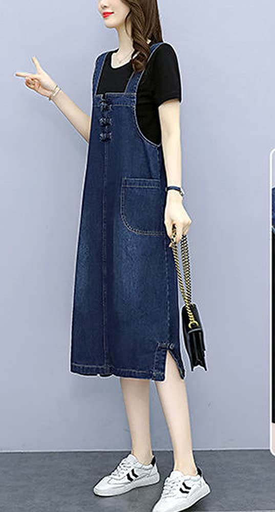 Women's Casual Frog Button Decor A-Line Midi Long Denim Overalls Dress - Stylish Outfit for Spring, Summer & Fall Fashion, Perfect for Daily Wear, Shopping, Dating & Outdoor Activities