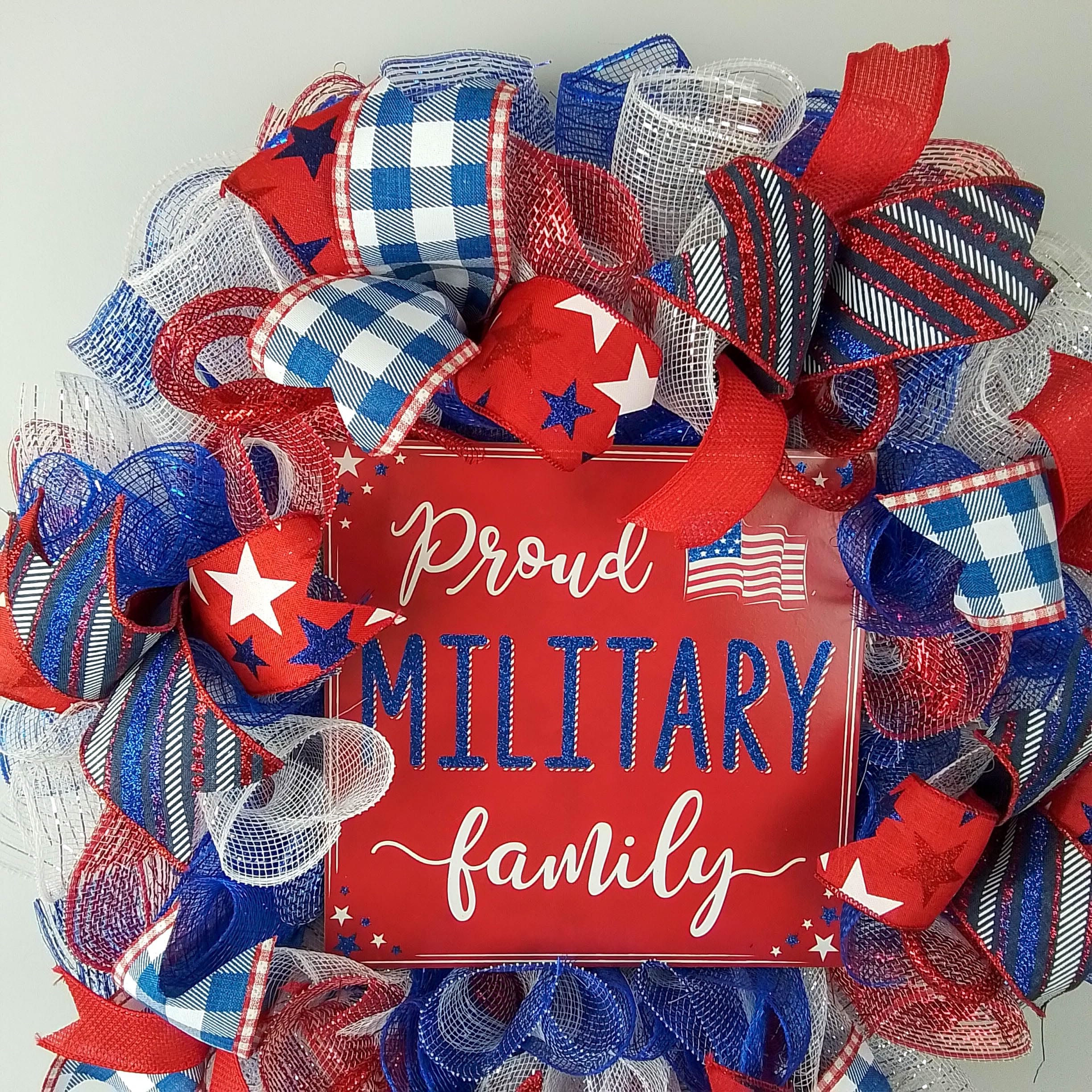 4th of July Wreath - Patriotic Red White & Blue American Flag Wreath for Front Door - Military Family Home Decor for Independence Day, Memorial Day & Veterans Day Celebrations
