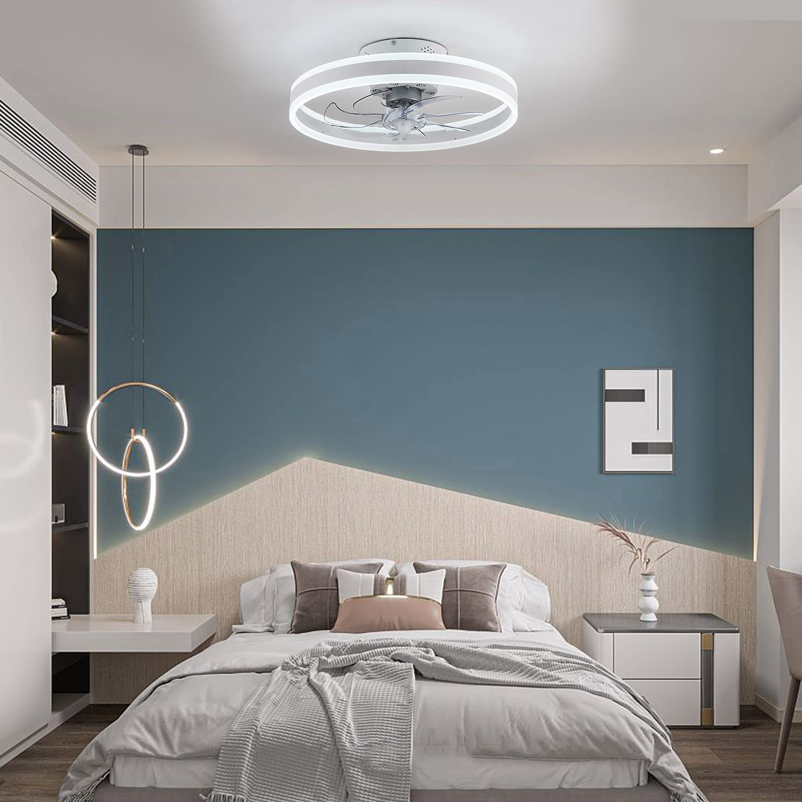 OUKANING Low Profile Ceiling Fan with Light - Modern Flush Mount Enclosed Ceiling Fan, Invisible Fan Chandelier (White) - Perfect for Bedroom, Living Room & Office Spaces