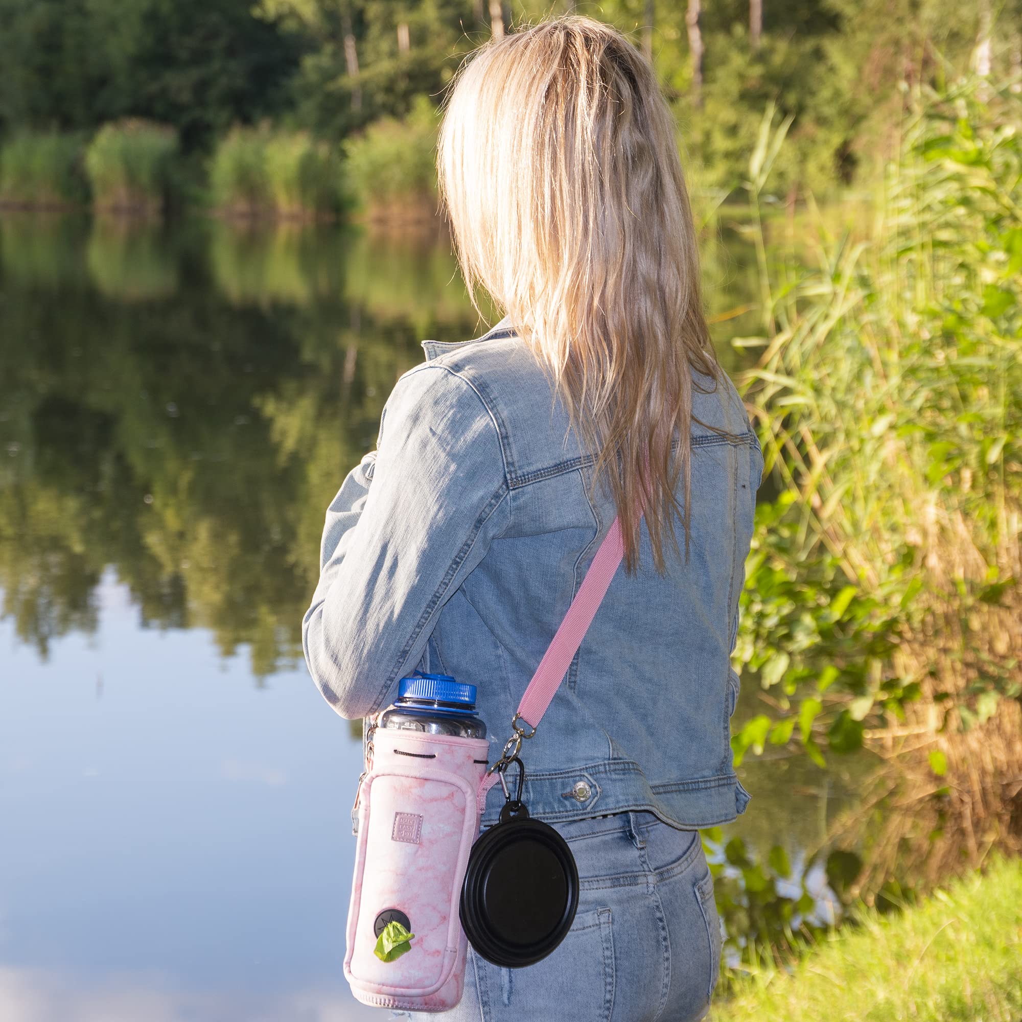 **Adjustable Padded Shoulder Strap Water Bottle Carrier with Pocket for Dog Waste Bags - 40oz Tall & Large with Bowl (Pink Marble) - Perfect for Hiking, Running & Outdoor Adventures**