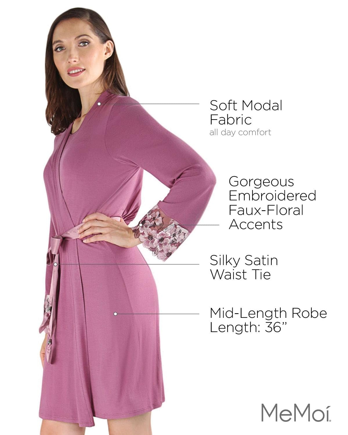 MeMoi Women's Floral Embroidered Robe - Elegant Lace Trim Kimono Style Bathrobe for Spa, Bridal Shower & Boudoir Photography