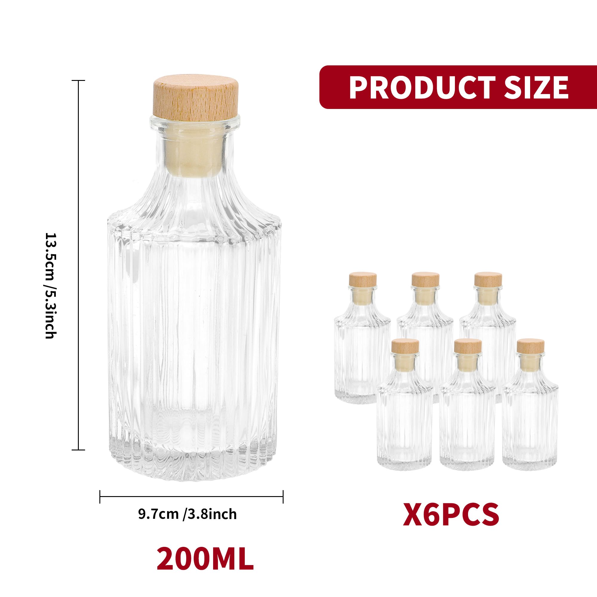 6 oz Clear Glass Bottles with T-Top Cap [Pack of 6] - 200ml Heavy Base Bottles for Wine, Oil, Vinegar, Kombucha, Beer, Water & Soda | Airtight Cork Stopper & Stripe Design | Perfect for Home Brewing, Craft Cocktails & DIY Beverage Storage