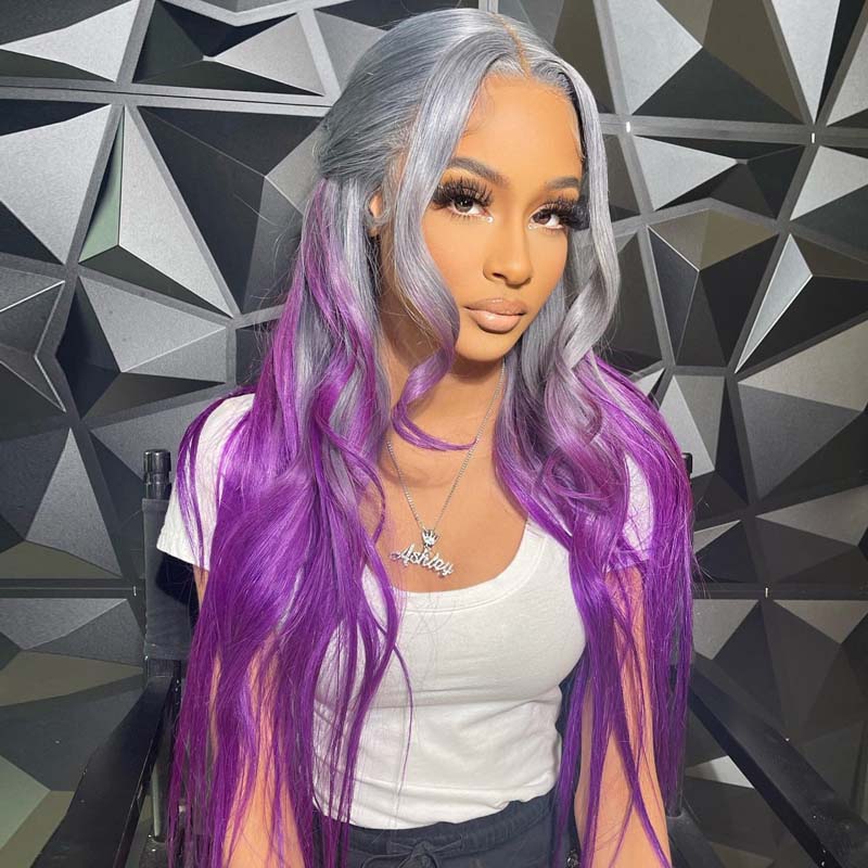 Eullair Ombre Grey Purple Straight Human Hair Wig - Pre Plucked 13x4 Transparent Lace Frontal Wig for Women | Natural Look for Daily Wear, Cosplay & Special Occasions