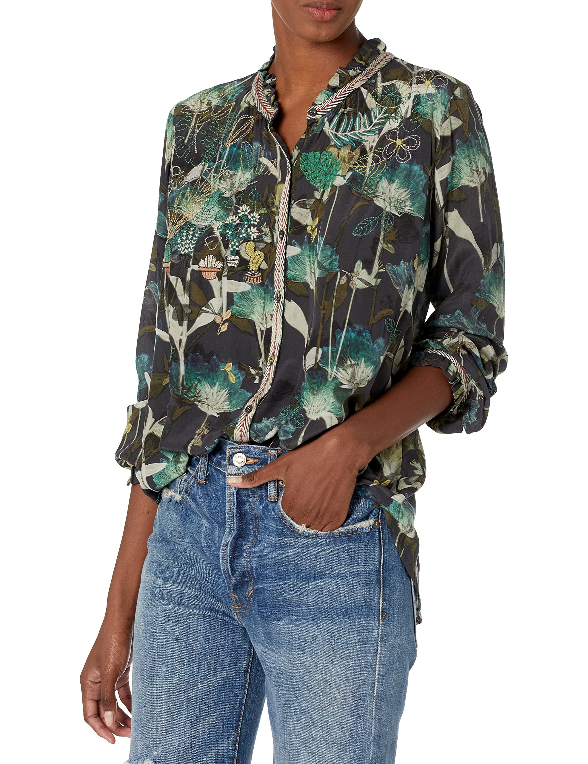 Biya Johnny Was Women's Long Sleeve Blouse - Elegant Floral Print Top for Casual & Office Wear - Perfect for Spring & Fall Outfits
