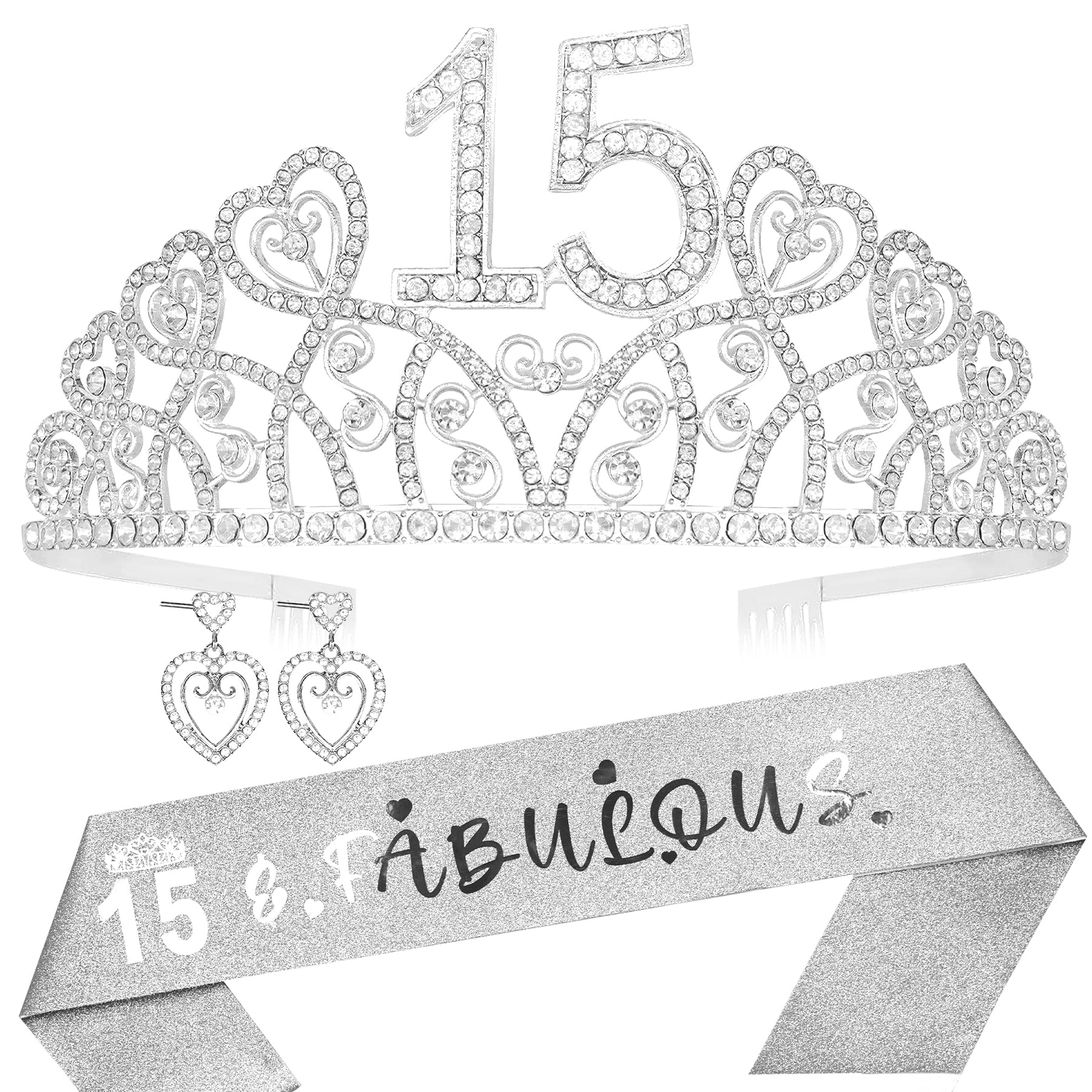 15th Birthday Decorations for Girls - Happy 15th Birthday Party Supplies, Tiara & Sash Set, Quinceañera Decorations - Perfect for Sweet 15 Celebrations, Birthday Gifts & Photo Backdrops