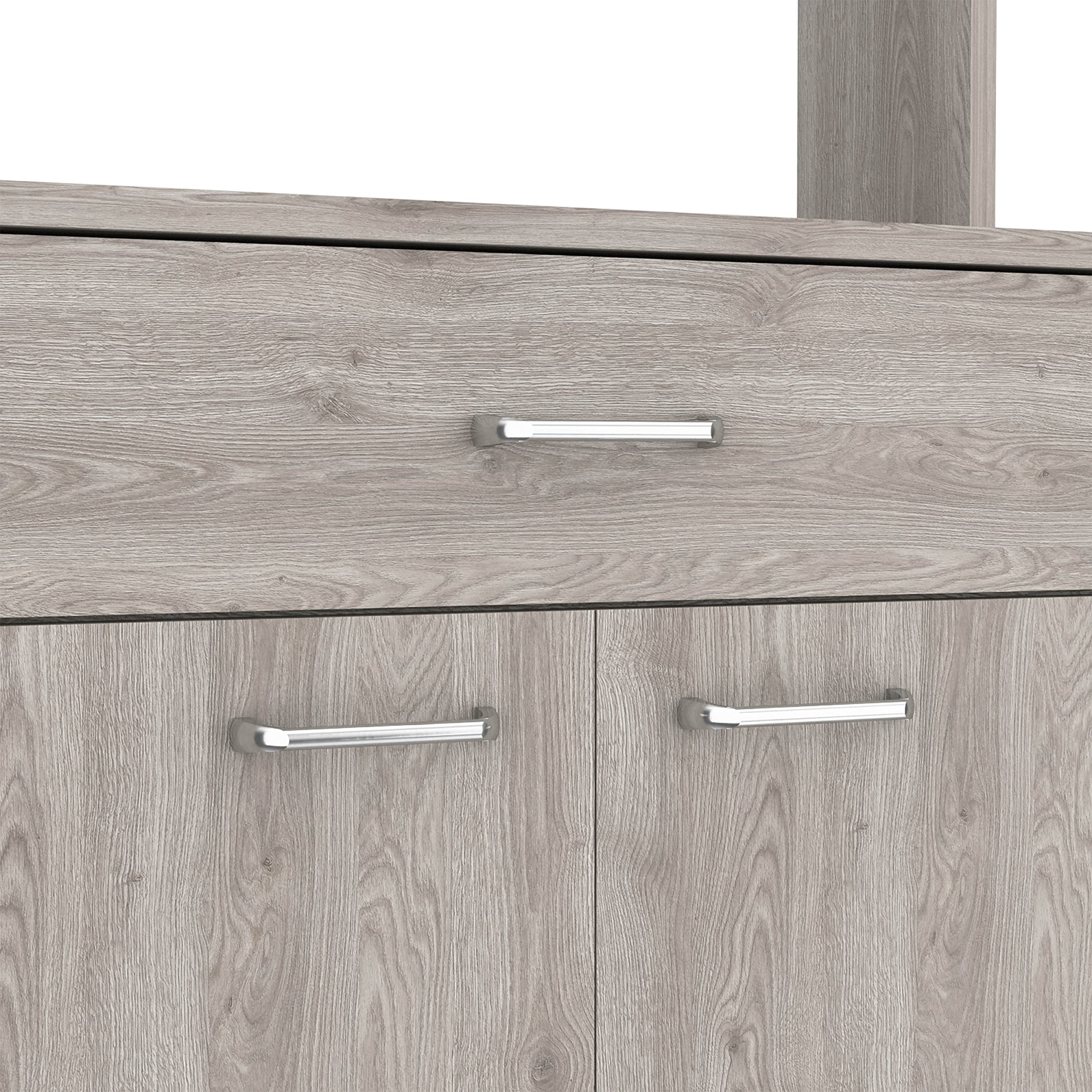 Modern Light Gray Bay Area Pantry with 2 Double Door Cabinets, Drawer & 2 Open Shelves - Sturdy 4 Metal Legs Storage Solution for Kitchen, Dining Room or Small Space Organization