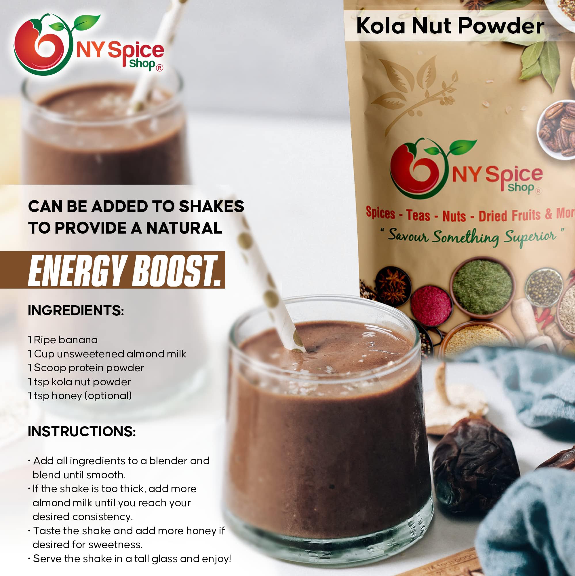 NY SPICE SHOP Premium Kola Nut Powder - 1 Pound Pure Bissy Powder from Africa & Jamaica - Natural Energy Booster More Effective Than Coffee & Tea - Great for Smoothies, Protein Shakes & Herbal Teas - Vegan Superfood for Focus & Stamina