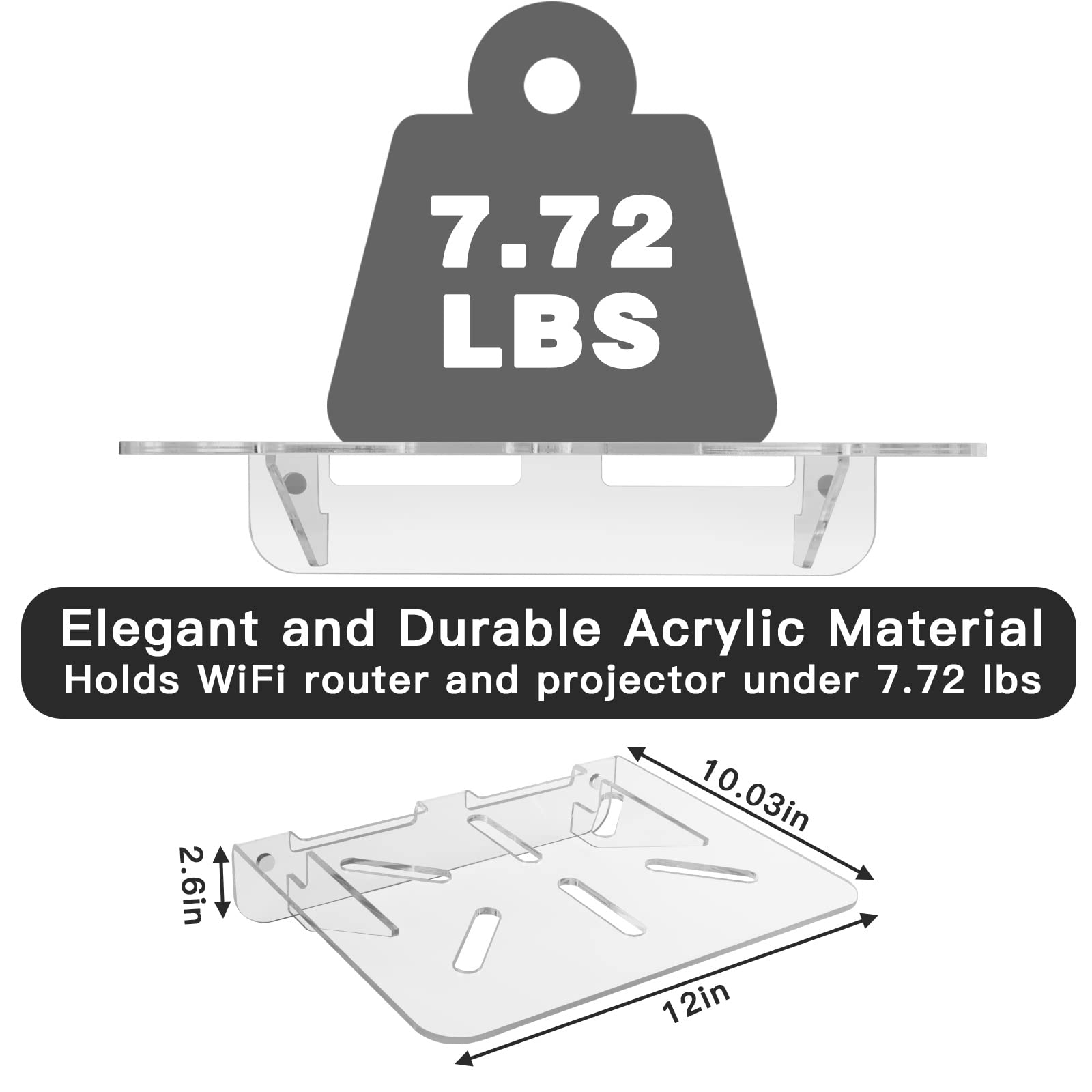 Universal WiFi Router Wall Mount Shelf - Clear Acrylic Floating Shelf Holder for Router, Modem, Mini Projector, TV Box & Speaker - 12.2 x 10.03 Inch - Perfect for Home Office, Living Room & Entertainment Setup