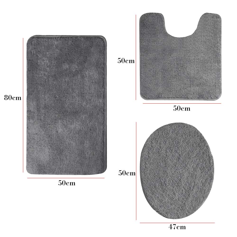 Premium 3-Piece Bathroom Rug Set - Soft Shaggy Non-Slip Bath Mats with U-Shaped Rug & Toilet Cover (Grey) | Cozy & Safe for Bathroom, Bedroom, Laundry Room