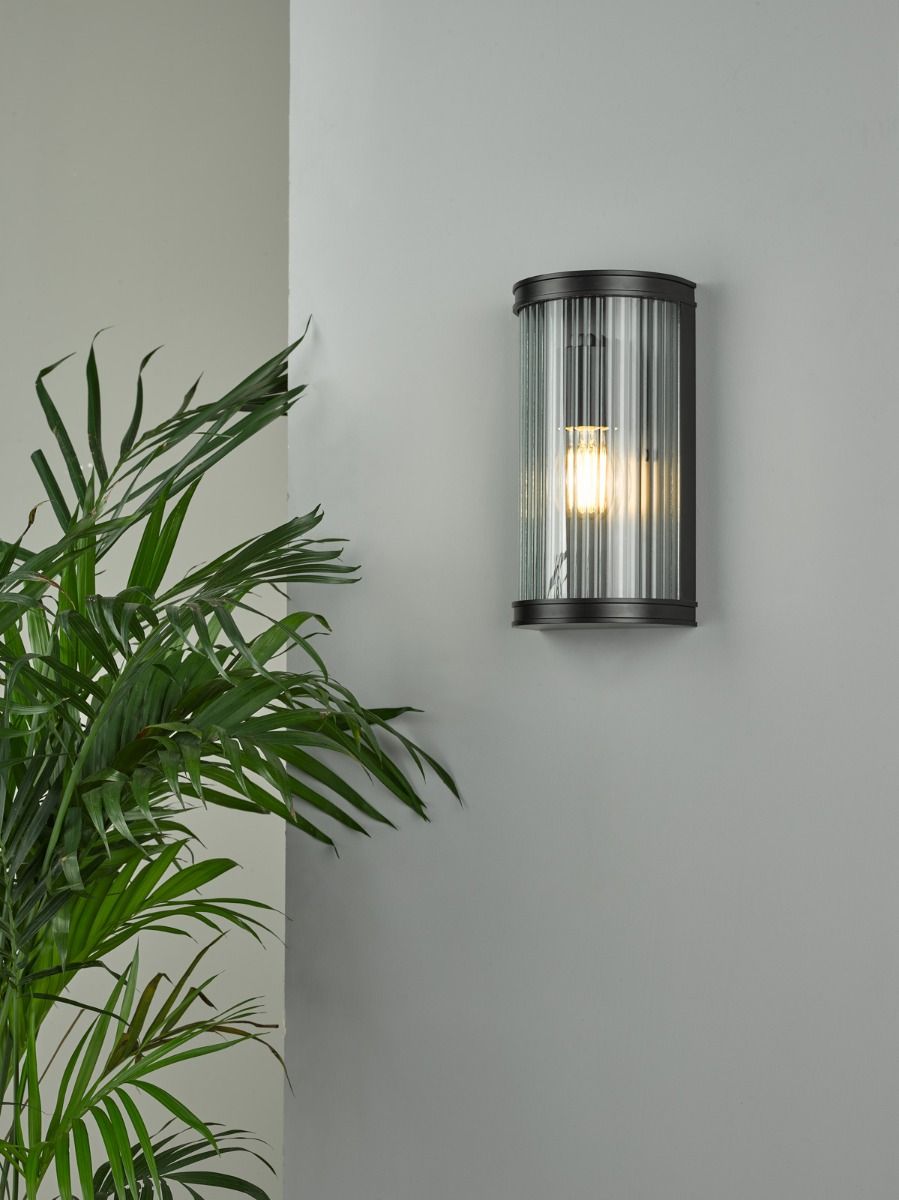 Anund Black Ribbed Glass Bathroom Wall Light - IP44 Waterproof for Shower, Vanity & Spa Lighting