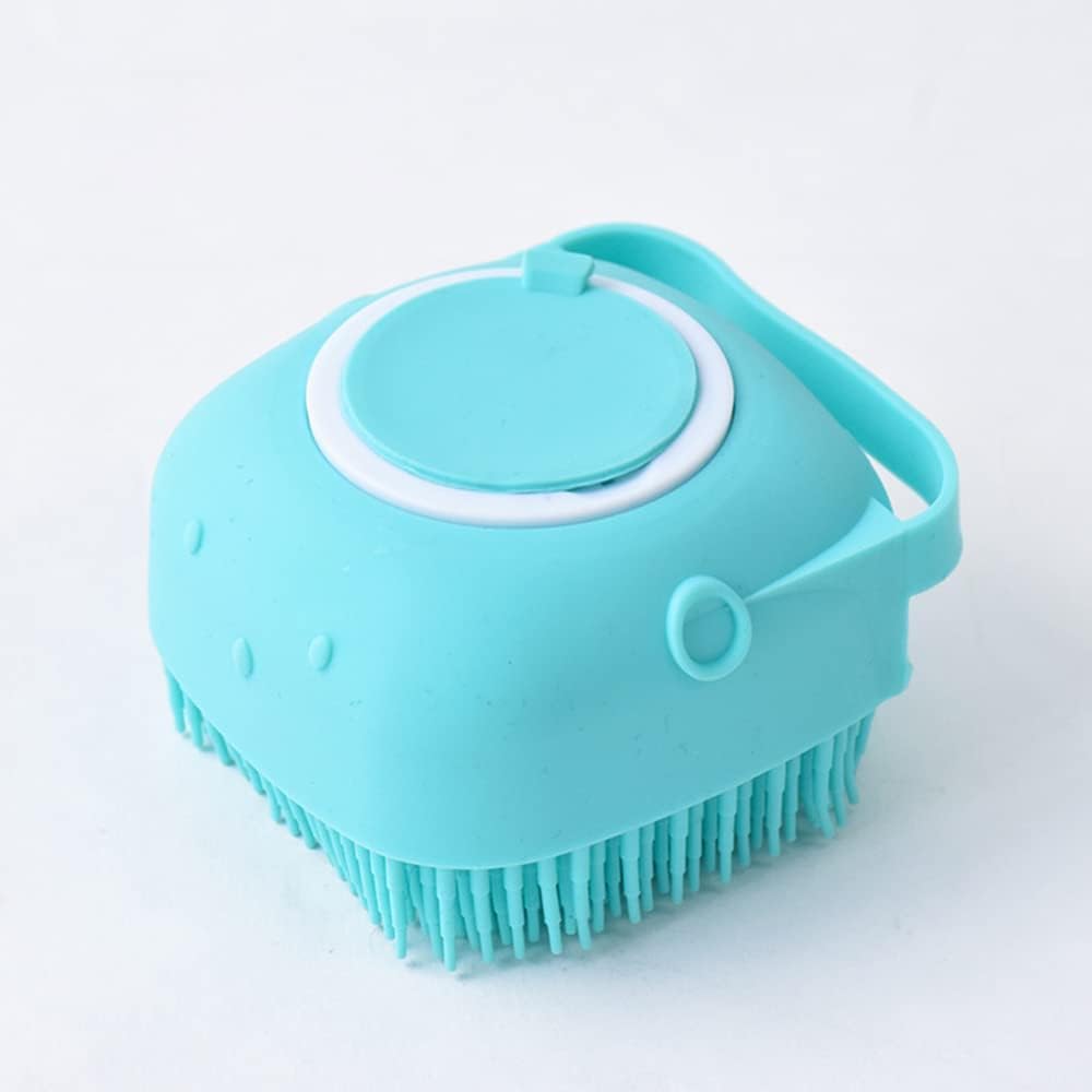 **YAWALL Soft Silicone Dog & Cat Bath Brush - Massage Grooming Brush with Shampoo Dispenser, Rubber Bristles for Gentle Cleaning - Heart Shape Blue - Perfect for Bath Time & Pet Spa Days**