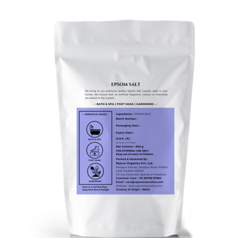 Rejuve Naturelles Premium Epsom Salt 900g - 100% Pure Magnesium Sulfate Crystals for Muscle & Foot Pain Relief, Plant Growth | Natural Relaxation & Recovery for Bath Soak, Gardening & Home Spa