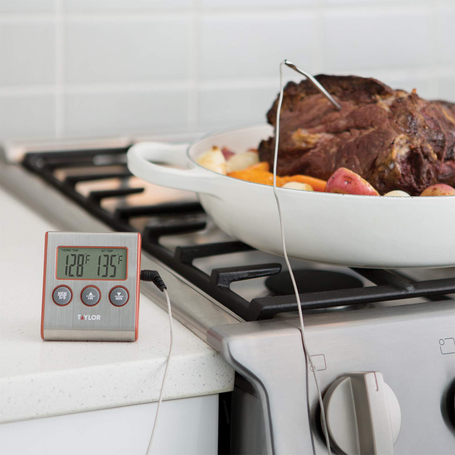 Taylor Instant Read Digital Meat Thermometer with Wired Probe, Timer & Alarm - Perfect for Grilling, BBQ, Cooking, Baking & Kitchen Use (Red)