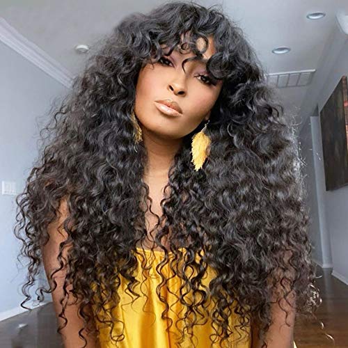 Beafay Brazilian Virgin Curly Human Hair Wig - Water Wave with Bangs, 130% Density, Glueless No Lace Front, Machine Made for Black Women (16 Inch, Natural Color) | Perfect for Daily Wear, Cosplay, and Special Occasions
