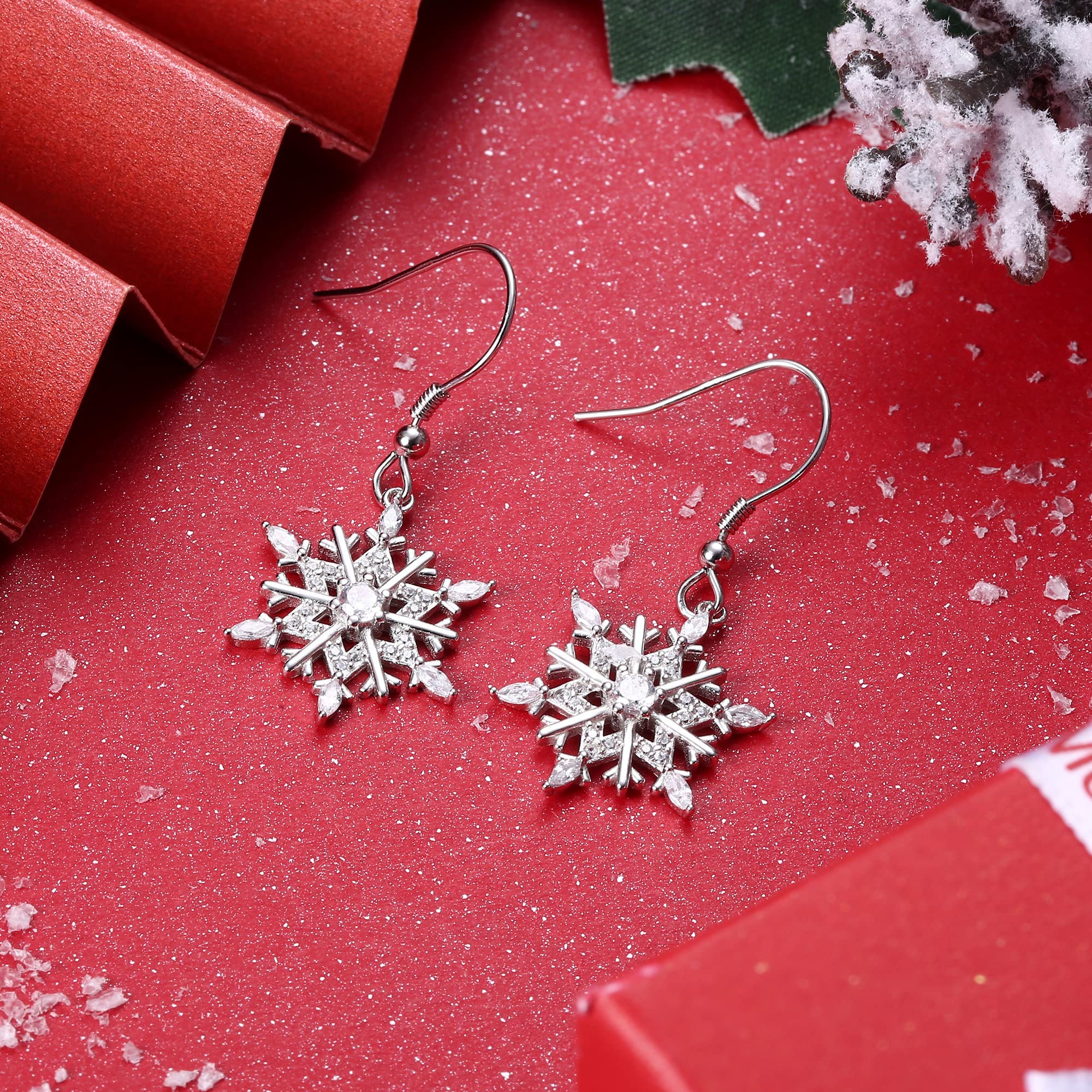 MILACOLATO Christmas Snowflake Earrings for Women - 925 Sterling Silver Drop Dangle Earrings with 18K White Gold Plating - Xmas Holiday Party Jewelry Gift for Her - Perfect for Christmas Parties, Office Celebrations & Festive Gatherings