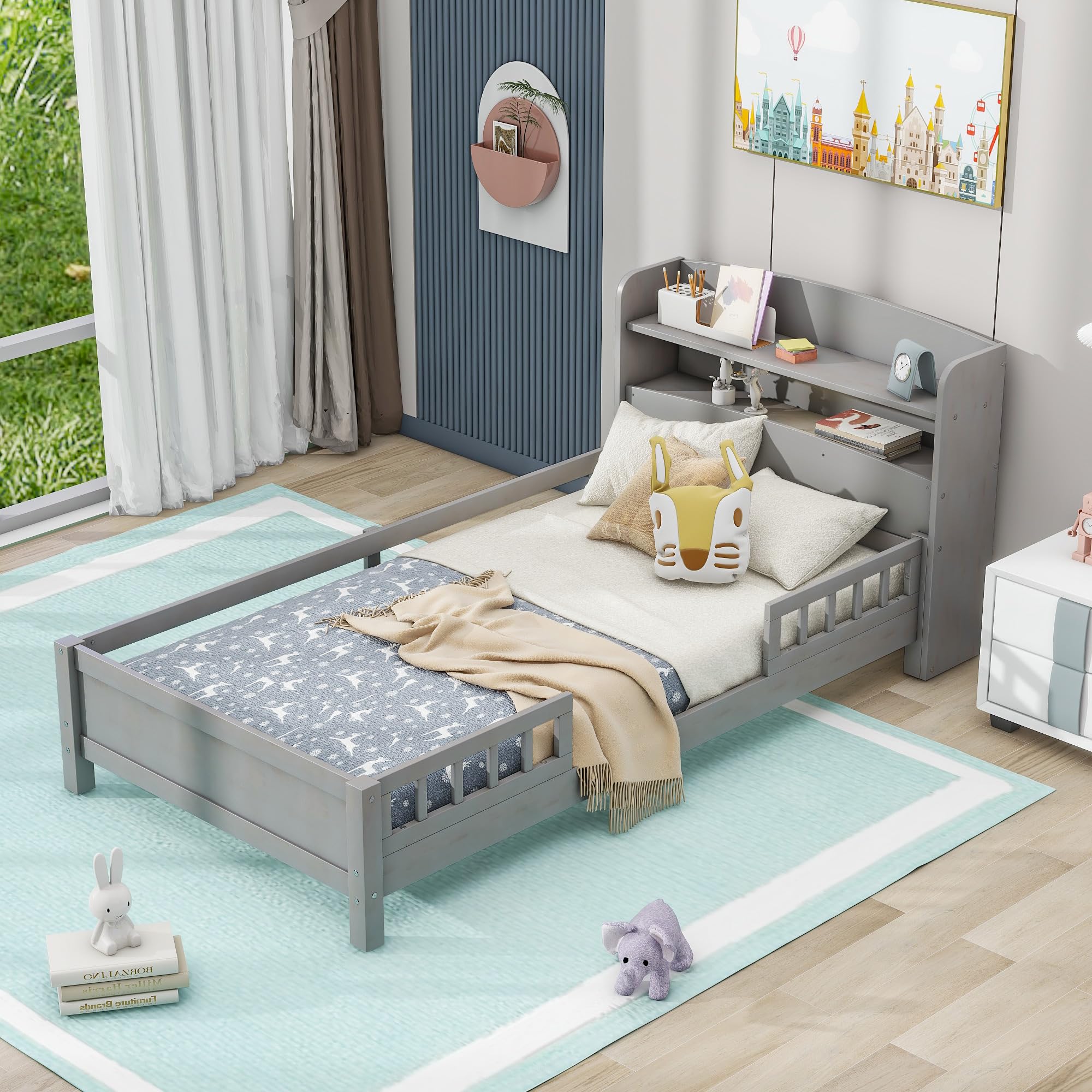 Bellemave Solid Wood Twin Bed Frame for Kids with Headboard, Footboard, Built-in LED Lights & Storage | Sturdy Gray Wooden Bed with Safety Guardrail | Perfect for Bedrooms, Daycare & Sleepovers