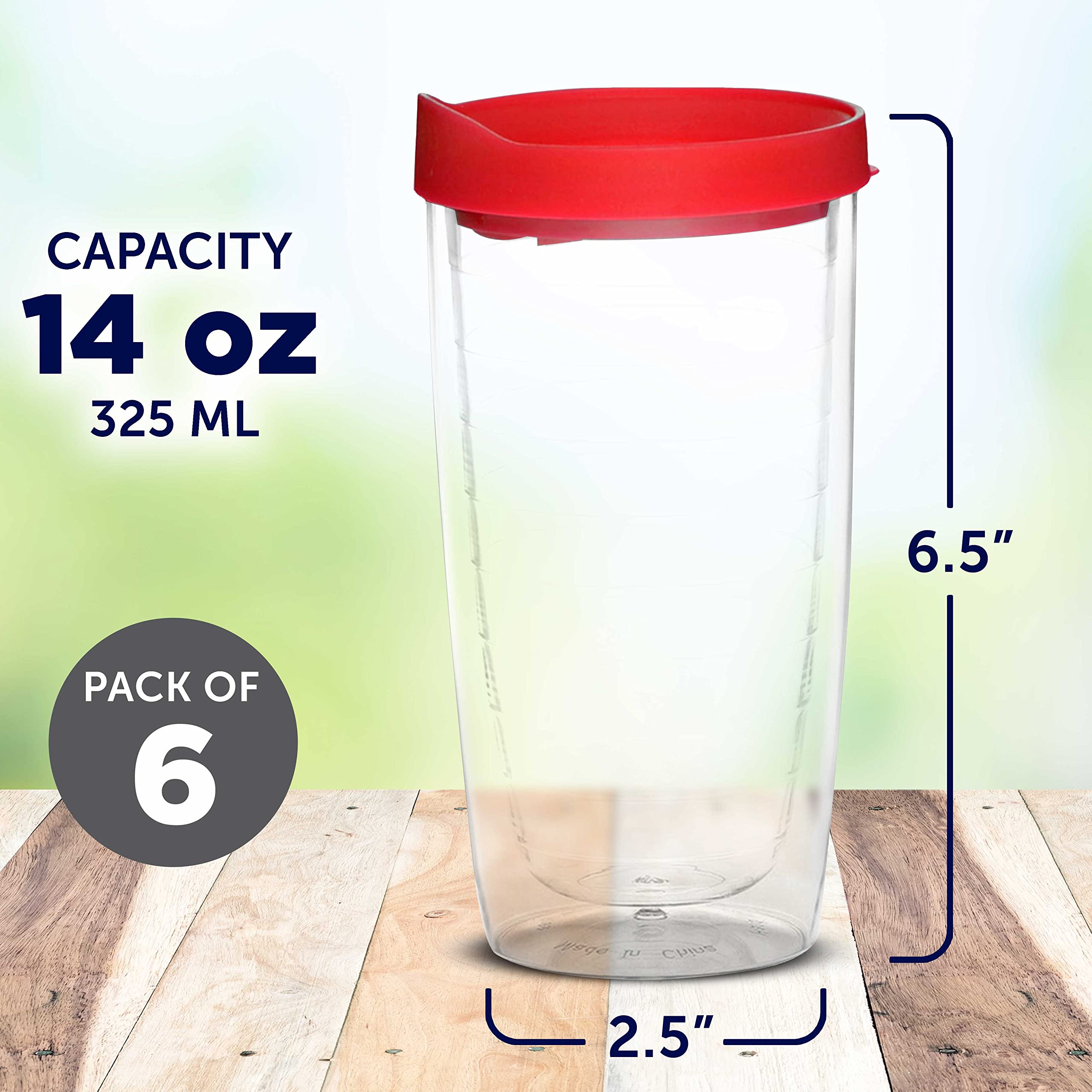 14 oz Double Wall Plastic Tumblers with Slide-Lock Lid - 6 Pack Insulated Travel Coffee Cups (Red) - Perfect for Hot/Cold Beverages, Office, Camping & Road Trips