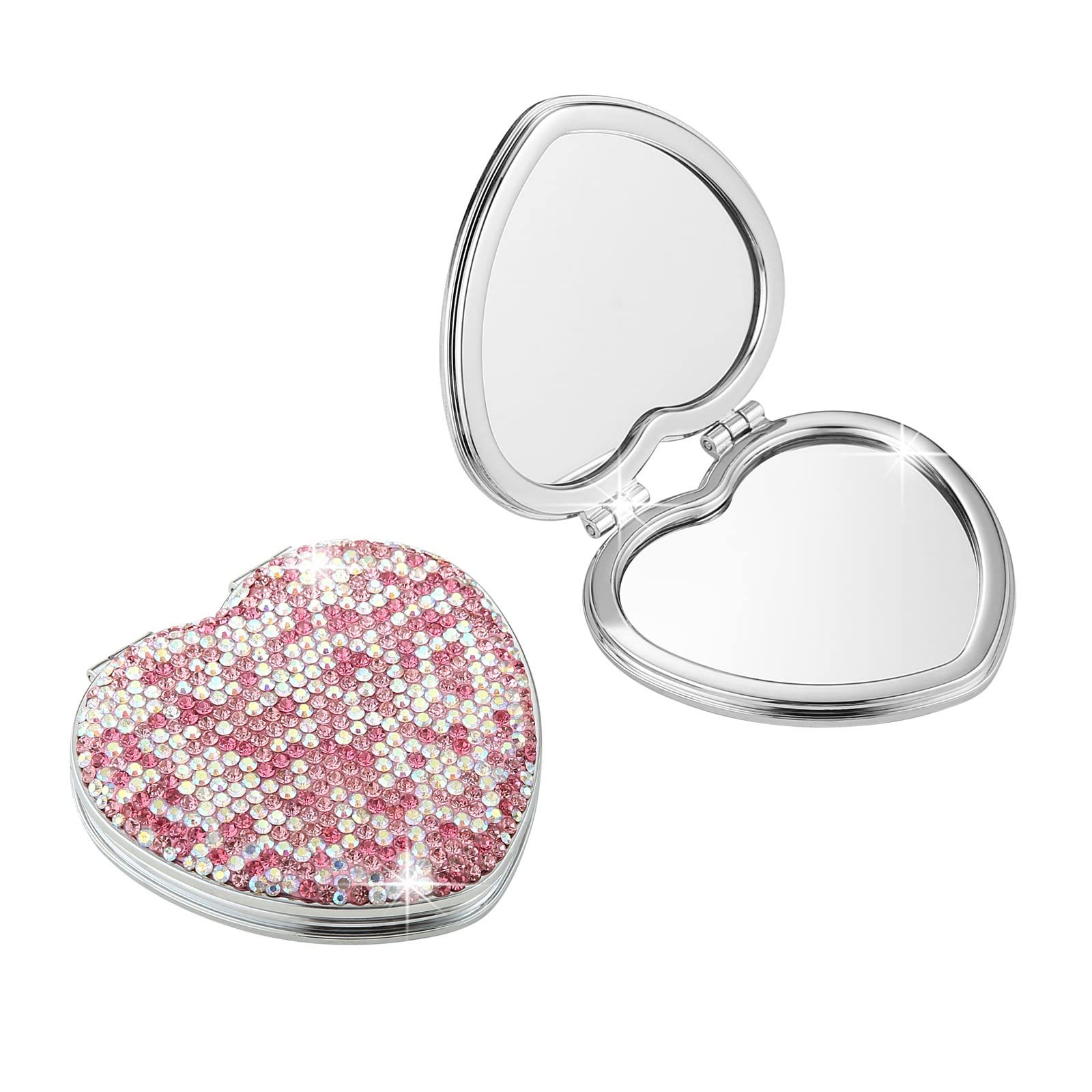AsAlways Rhinestone Compact Pocket Mirror - Portable Travel Cosmetic Mirror, Folding Handheld Double-Sided 1x/2x Magnifying Purse Mirror for Makeup (Pink) | Perfect for Travel, Home & Office Use