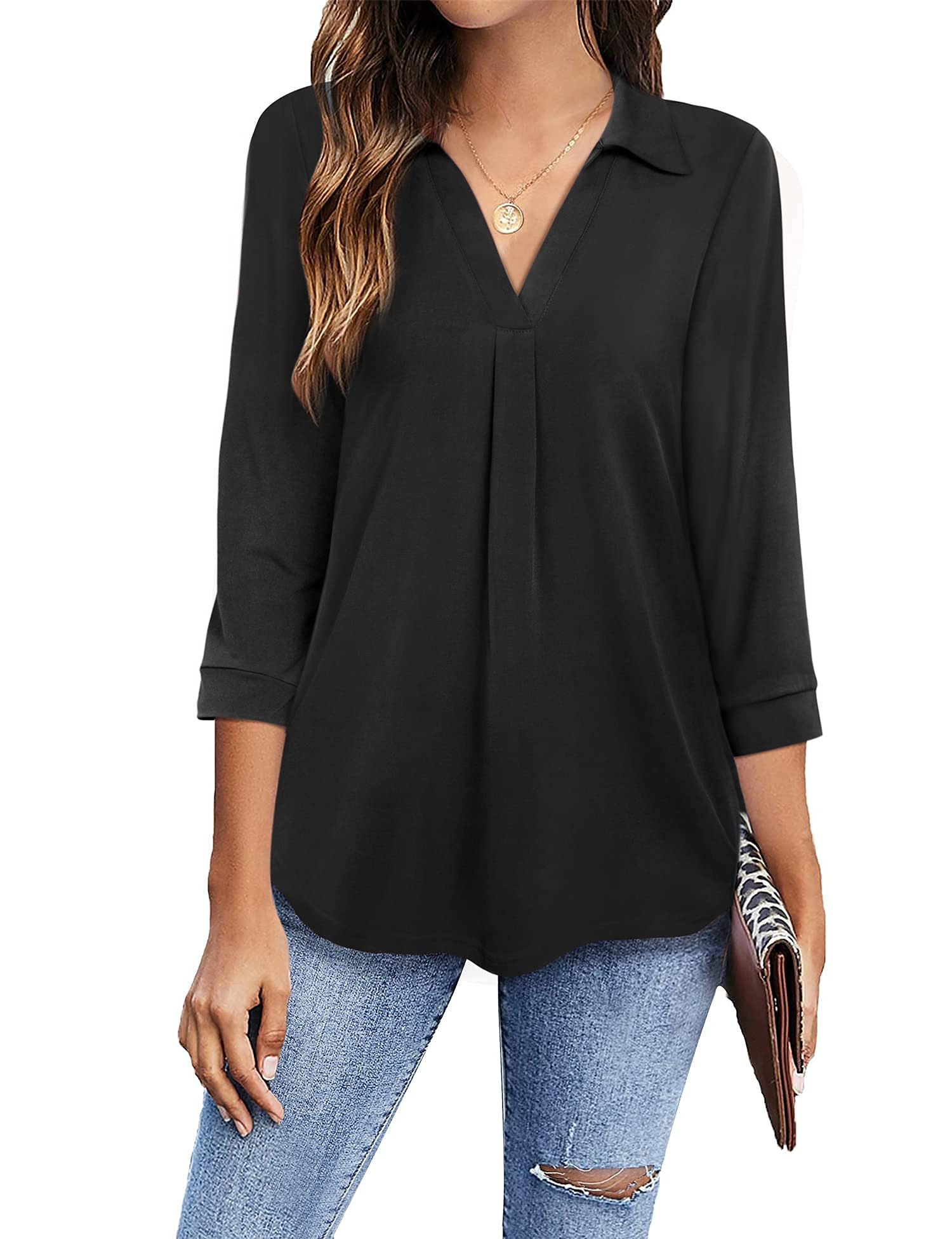 Timeson Women's V-Neck 3/4 Sleeve Blouse Tunic Top - Professional Work Shirt for Office, Business Casual & Formal Occasions